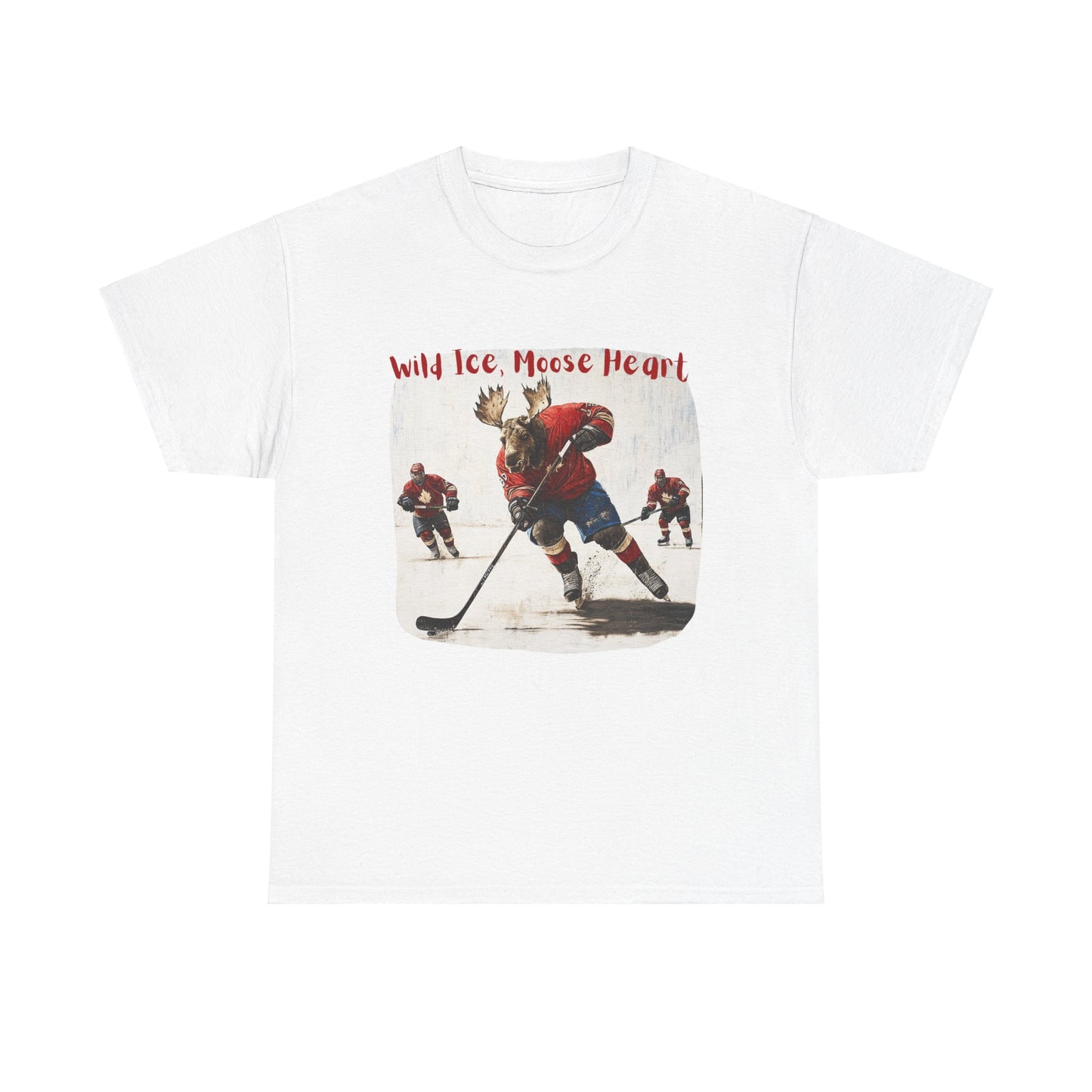"Wild Ice, Moose Heart" Hockey Player Moose - Moose Lover Hockey Graphic Tee Unisex Heavy Cotton Tee T-Shirt