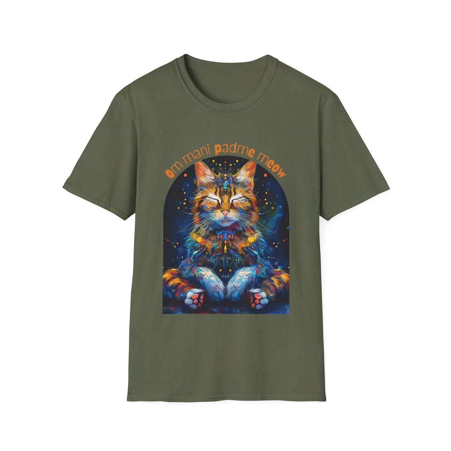 Om Mani Padme Meow (Ver 3) - Meditating Cat Shirt, Cat Lover's Graphic Tee Graphic Unisex T- Shirt, T-Shirt Cat Lovers Gift Softstyle T-Shirt Tee Teeshirt Stylized Cat