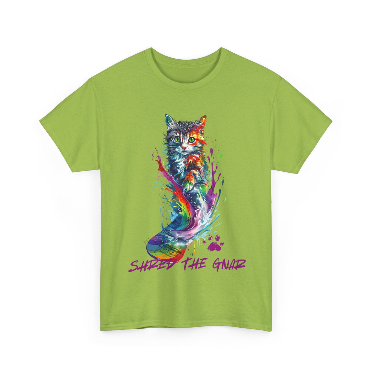 Shred the Gnar Snowboard Cat Graphic Tee, Winter Cat Art Gift - Cool Cats Unisex Heavy Cotton Tee T-Shirt