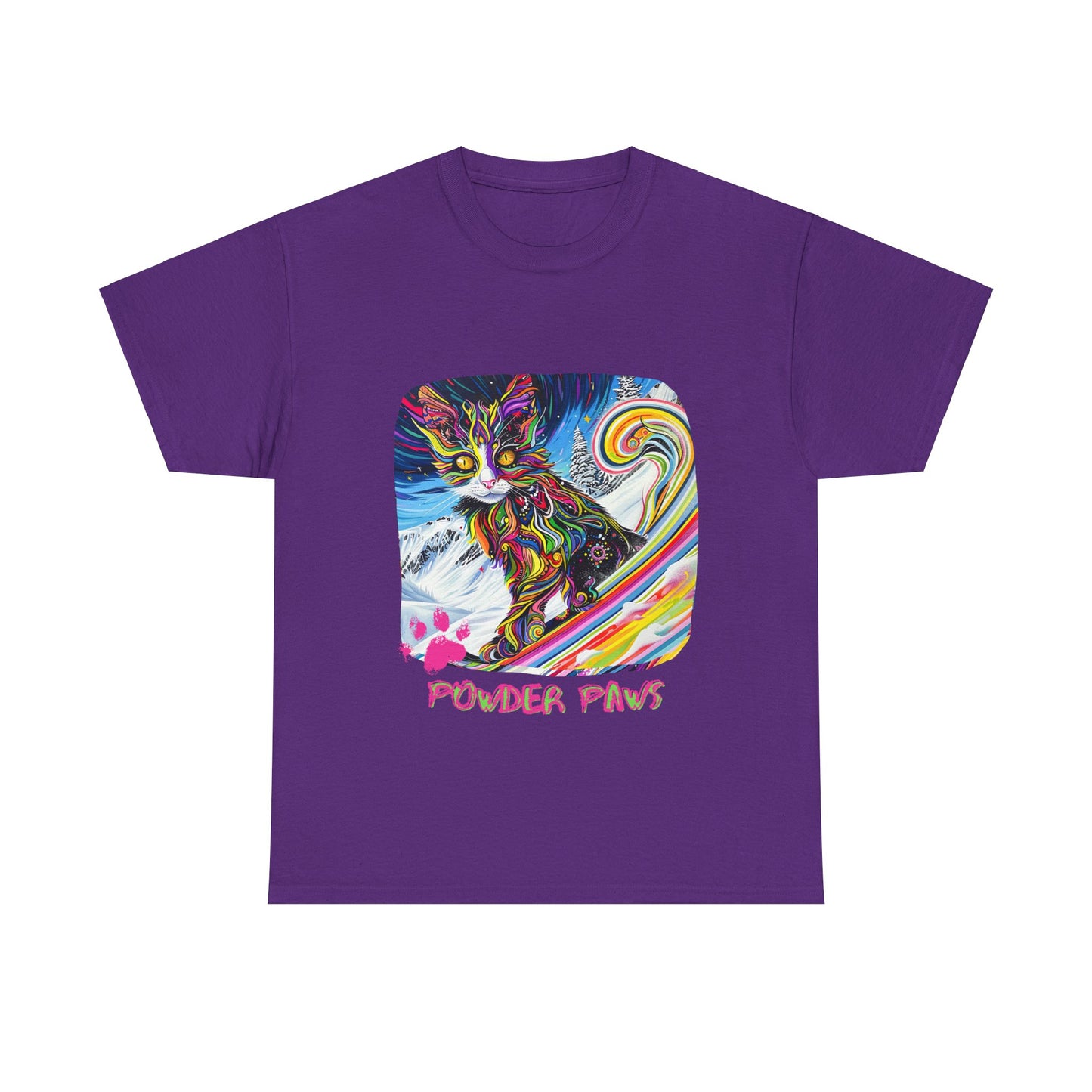 Powder Paws Snow, Snowboard Winter Sports Cat - Cat Art Graphic Tee, Ski Gift - Cool Cats Unisex Heavy Cotton Tee T-Shirt