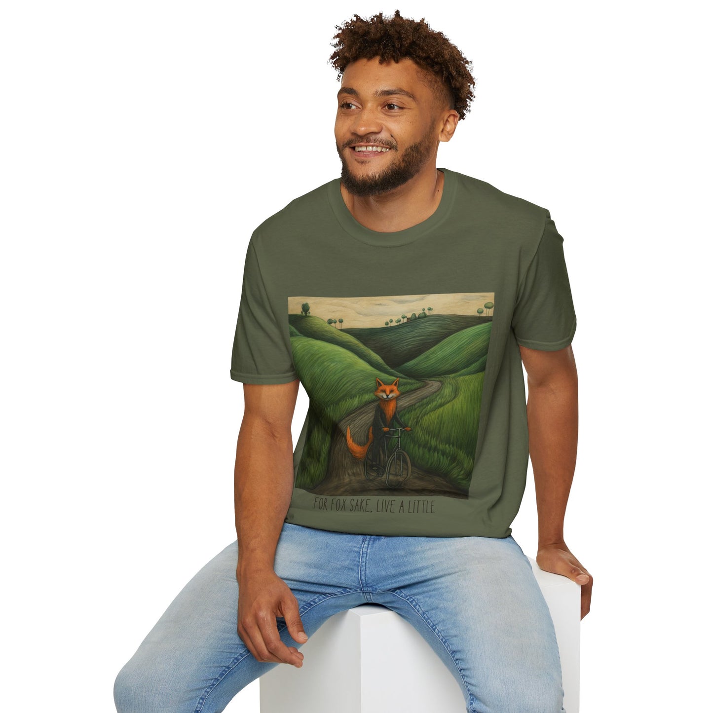 For Fox Sake, Live a Little - Red Fox on a Bicycle- Fox or Cycling Lover's Gift Unisex Tee Shirt, T-Shirt, Fox Lovers Gift Softstyle T-Shirt Tee Teeshirt