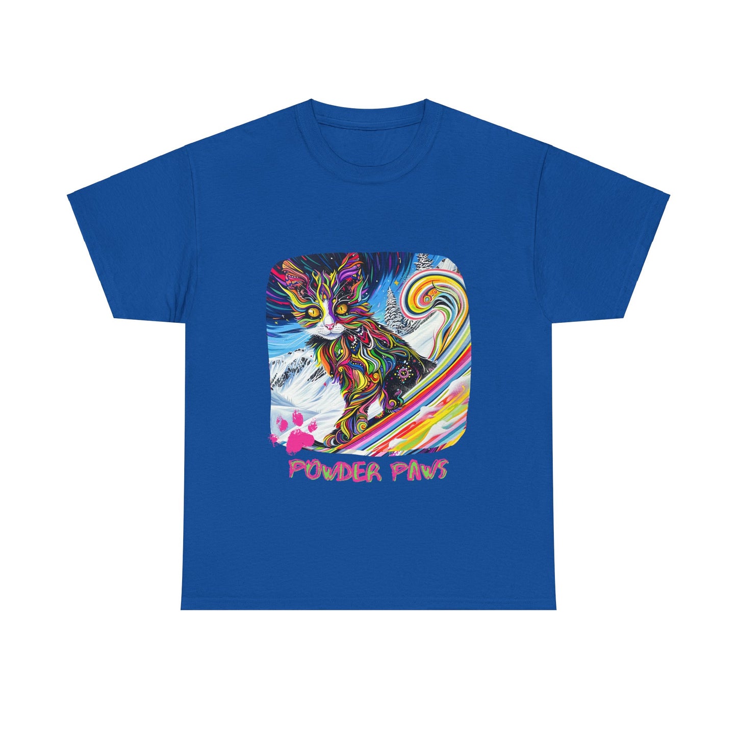 Powder Paws Snow, Snowboard Winter Sports Cat - Cat Art Graphic Tee, Ski Gift - Cool Cats Unisex Heavy Cotton Tee T-Shirt