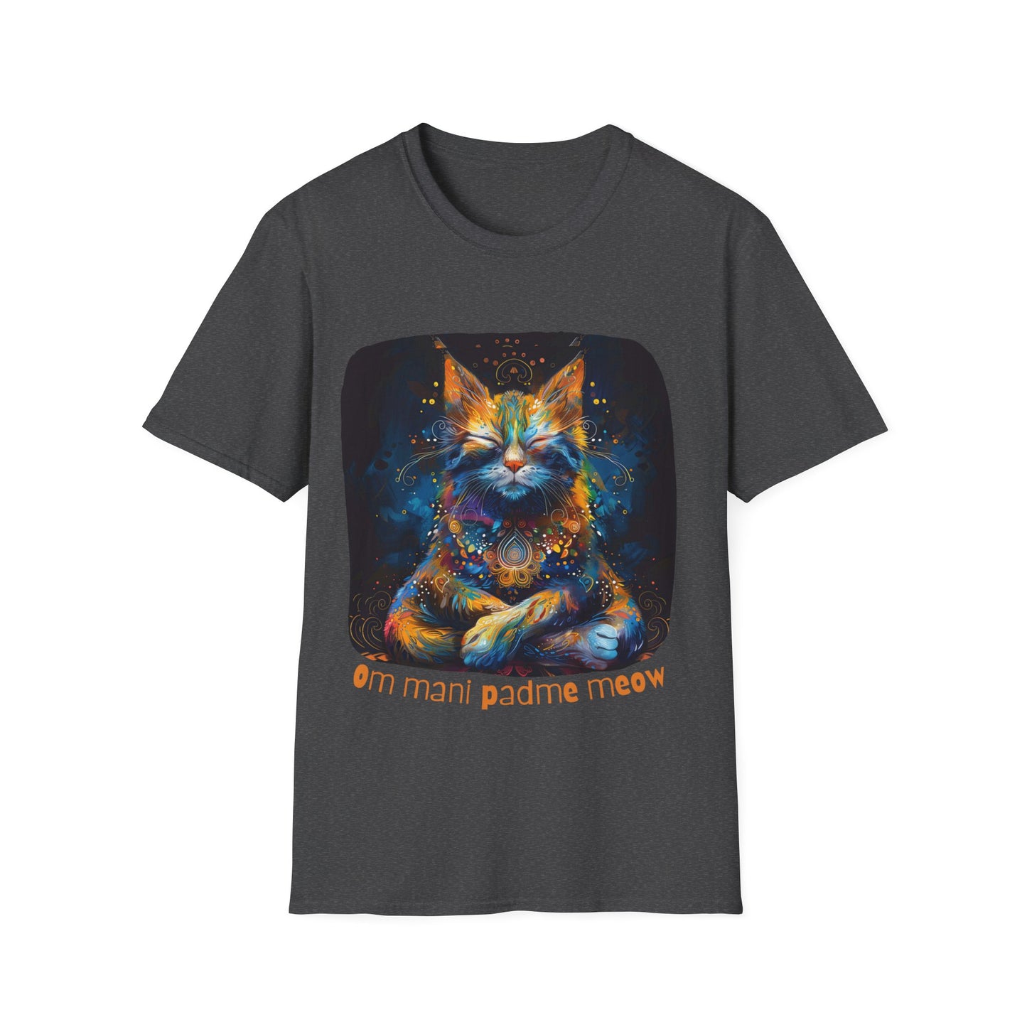 Mani Padme Meow (Version 2) - Meditating Cat Shirt, Cat Lover's Graphic Tee Graphic Unisex T- Shirt, T-Shirt Cat Lovers Gift Softstyle T-Shirt Tee Teeshirt Stylized Cat