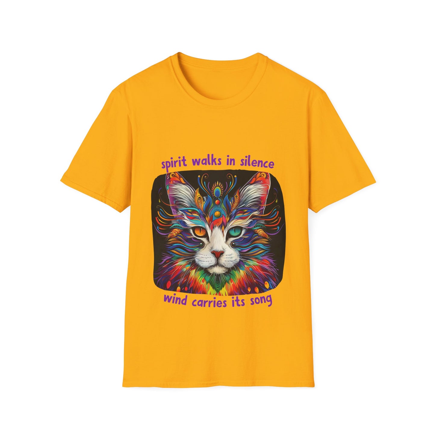 Spirit Walks in Silence, Wind Carries its Song - Shaman Graphic Cat Tee, Cat Lover's Graphic Tee Graphic Unisex T- Shirt, T-Shirt Cat Lovers Gift Softstyle T-Shirt Tee Teeshirt Stylized Cat