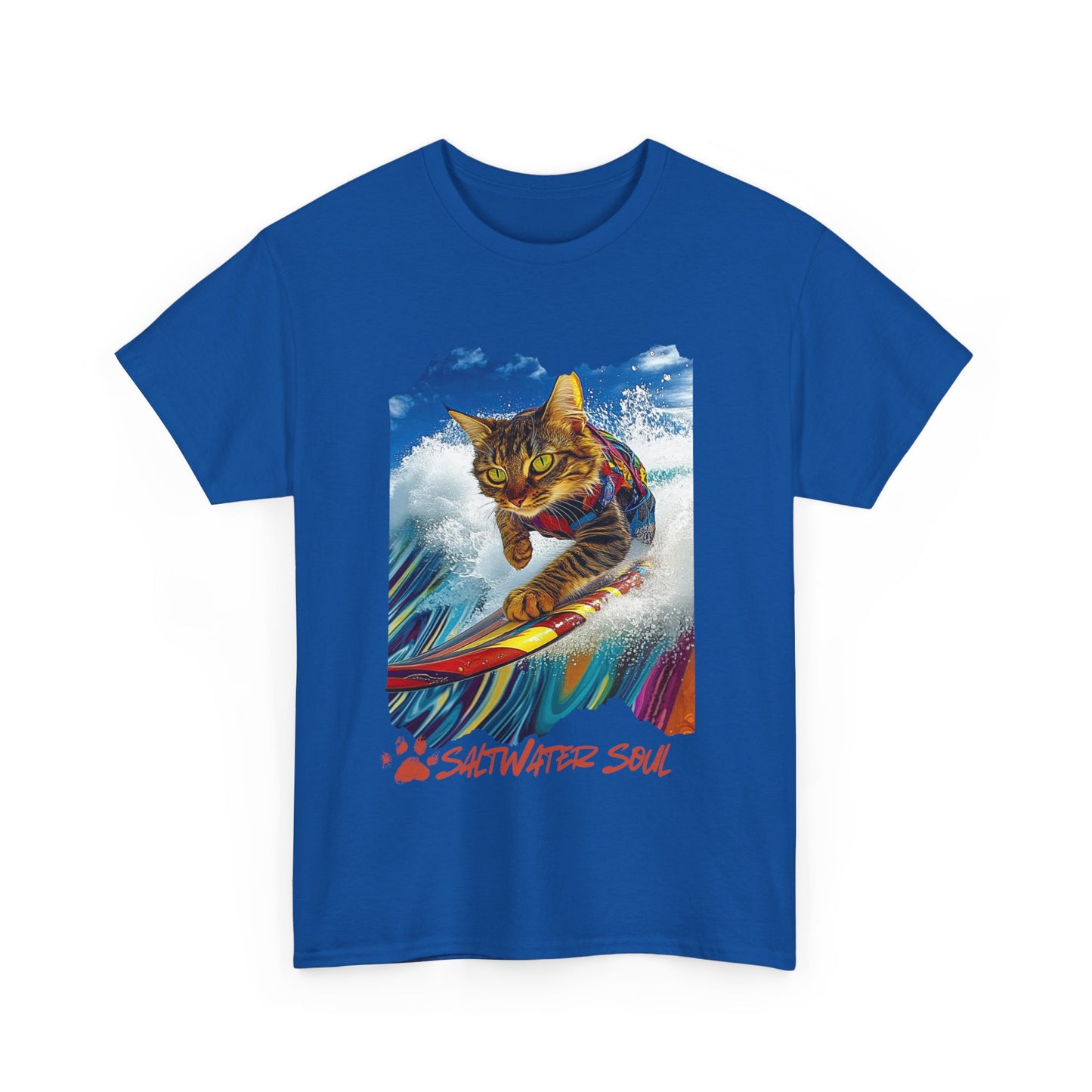 Saltwater Soul Surfer Cat, T-shirt, Cat on Surfboard Graphic Tee- Water Sports Cat Cat Art Gift - Cool Cats Unisex Heavy Cotton Tee T-Shirt