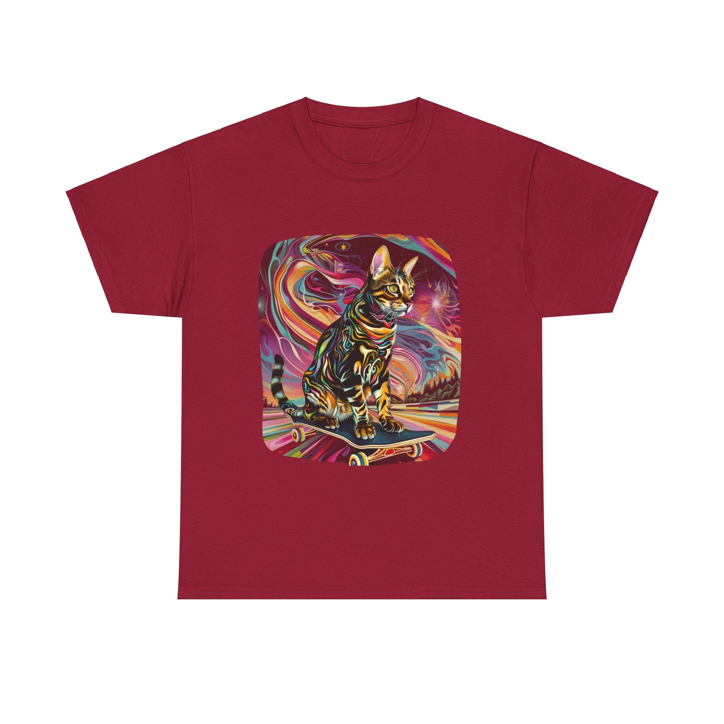 Skateboard Cat, (V2) Skater Cat Art Gift - Cool Cats Unisex Heavy Cotton Tee T-Shirt