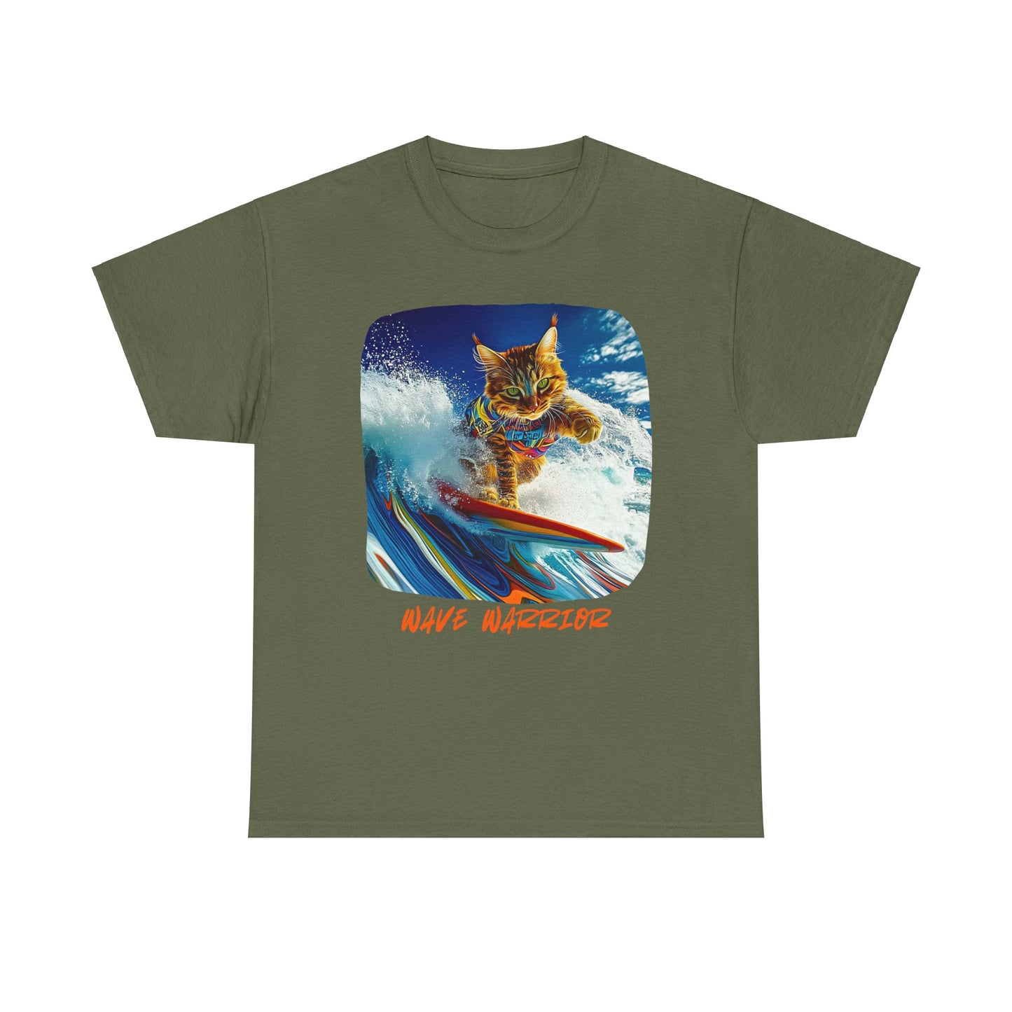 Wave Warrior Surfer Surfing Cat, Cat on Surfboard Graphic Tee reads "Wave Warrior" Surf Life Cat ,Art Gift - Cool Cats Unisex Heavy Cotton Tee T-Shirt