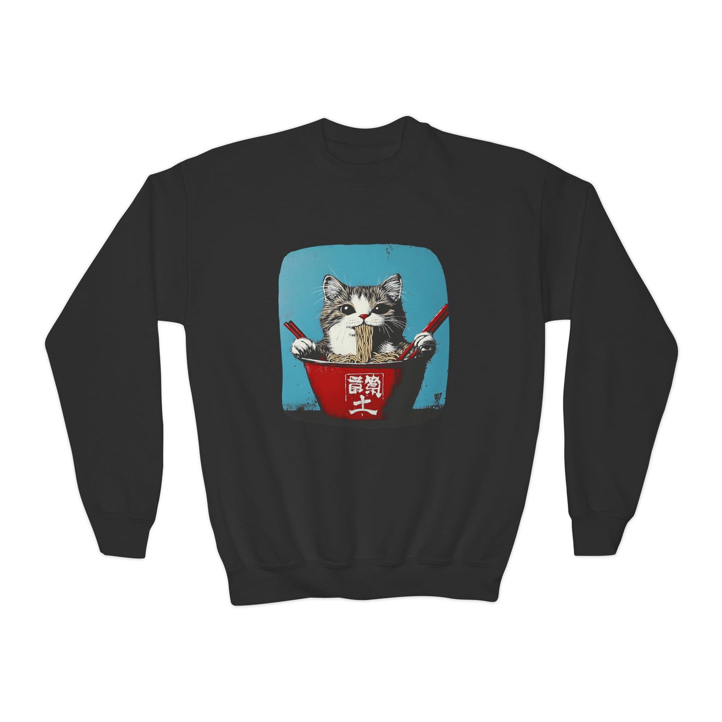 Ramen Bowl Cats for Kids Sweatshirt - Hungry Noodle Kitty Cat Youth Crewneck Sweatshirt -Christmas Cat Gift