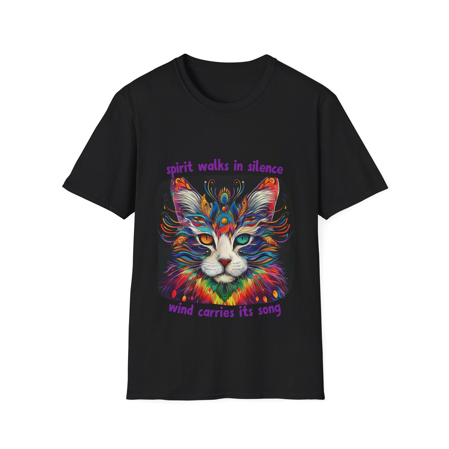 Spirit Walks in Silence, Wind Carries its Song - Shaman Graphic Cat Tee, Cat Lover's Graphic Tee Graphic Unisex T- Shirt, T-Shirt Cat Lovers Gift Softstyle T-Shirt Tee Teeshirt Stylized Cat