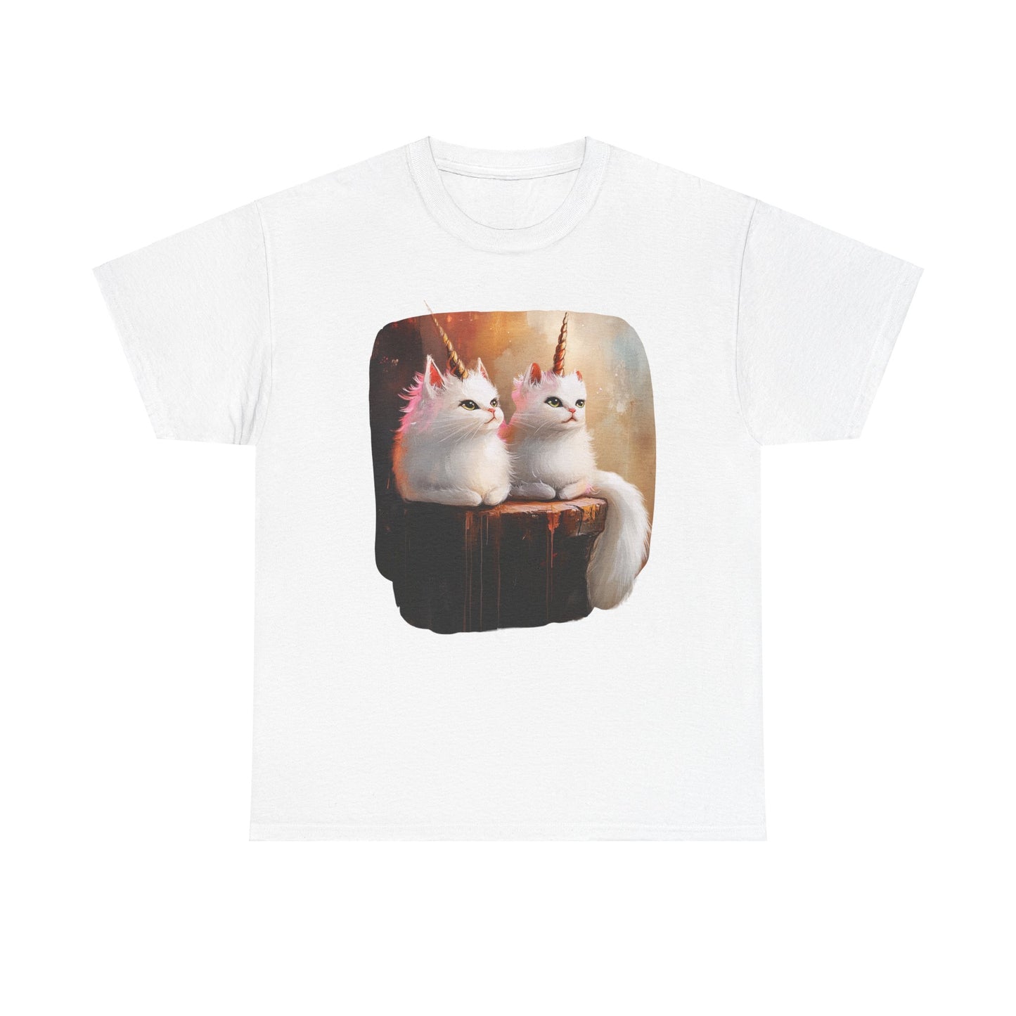 Fluffy White Kawaii Unicorn Cat Graphic Tee - Cat Unicorn Mythical Creature Gift Unisex Adult Size Heavy Cotton Tee T-Shirt