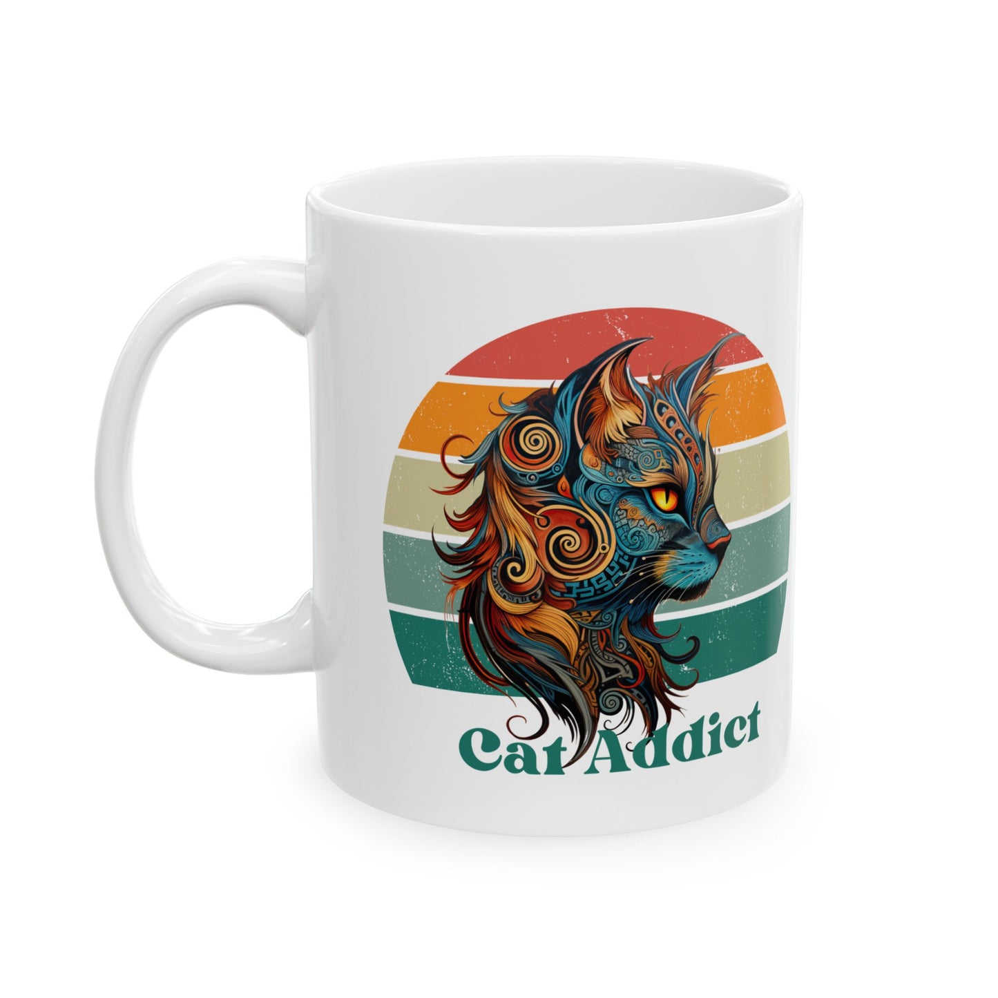 Cat Addict Mug, Cat Lover's Christmas Gift, Rainbow Retro Gift Mug, Printed Art, Christmas Ceramic Mug 11oz Colorful, 60s 70s Vibe