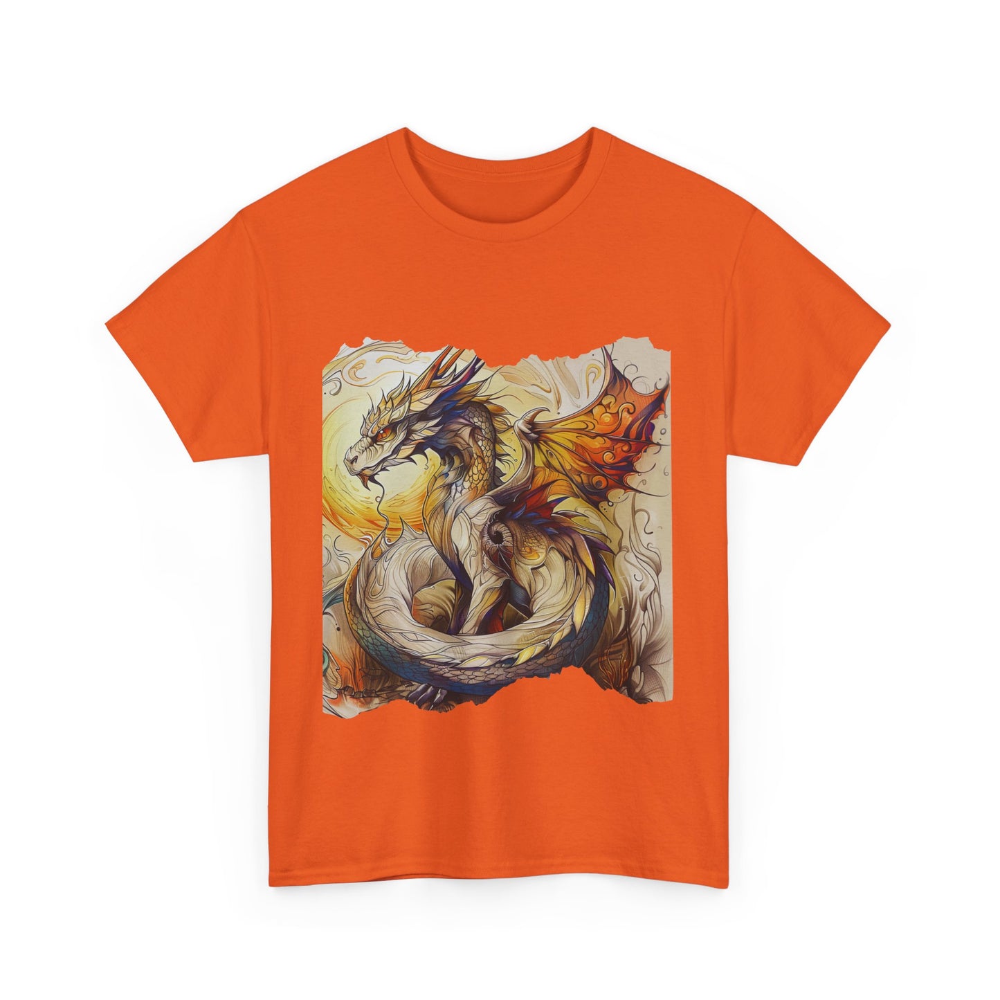 Dragons Yellow Sun Graphic Tee - Dragons and Ancestors - Dragon Lovers Unisex Heavy Cotton Tee T-Shirt