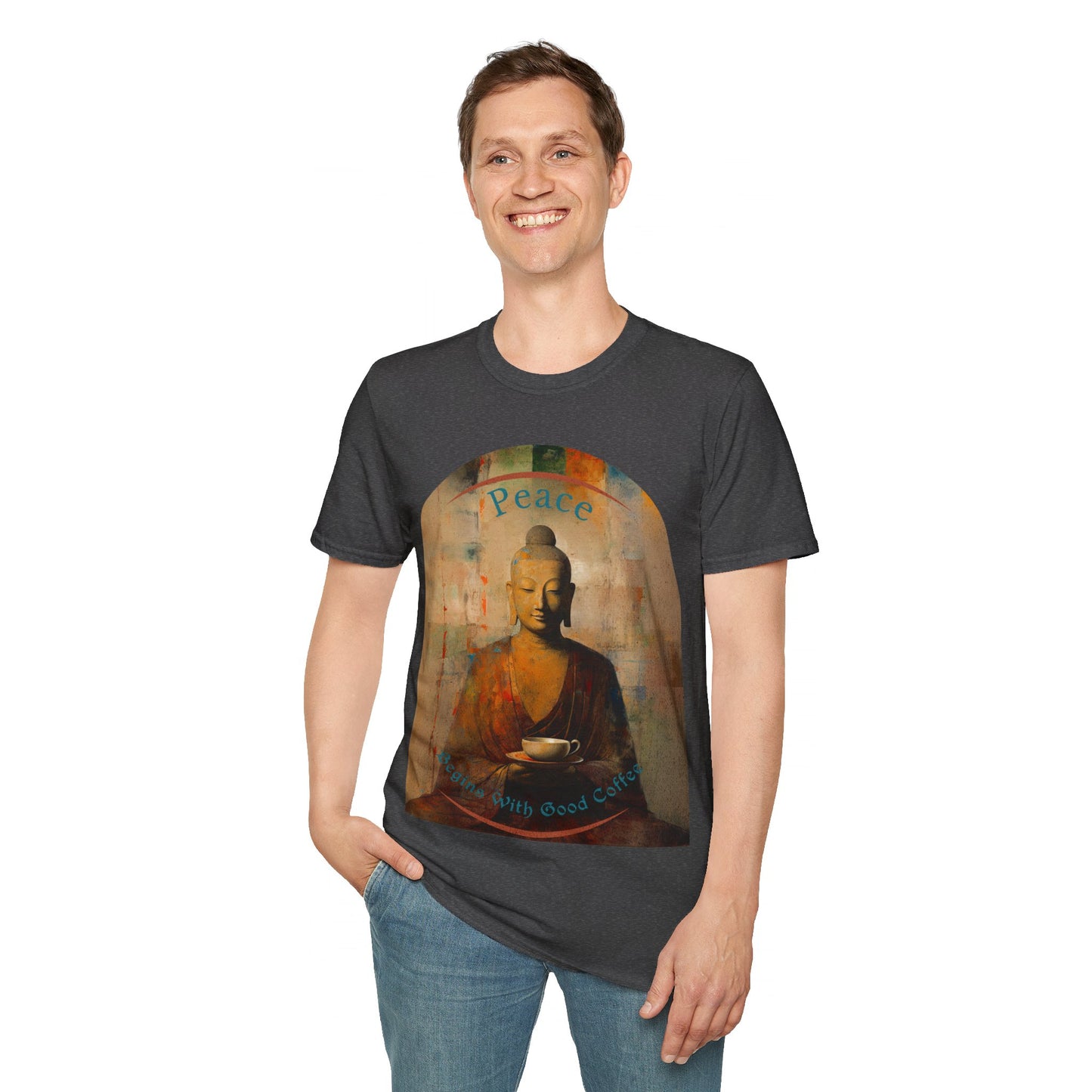 Coffee Lover Peace Gift, Peace Begins with Good Coffee Buda Buddha Budda Unisex Jersey Short Sleeve Tee Shirt, Softstyle T-Shirt Men Woman