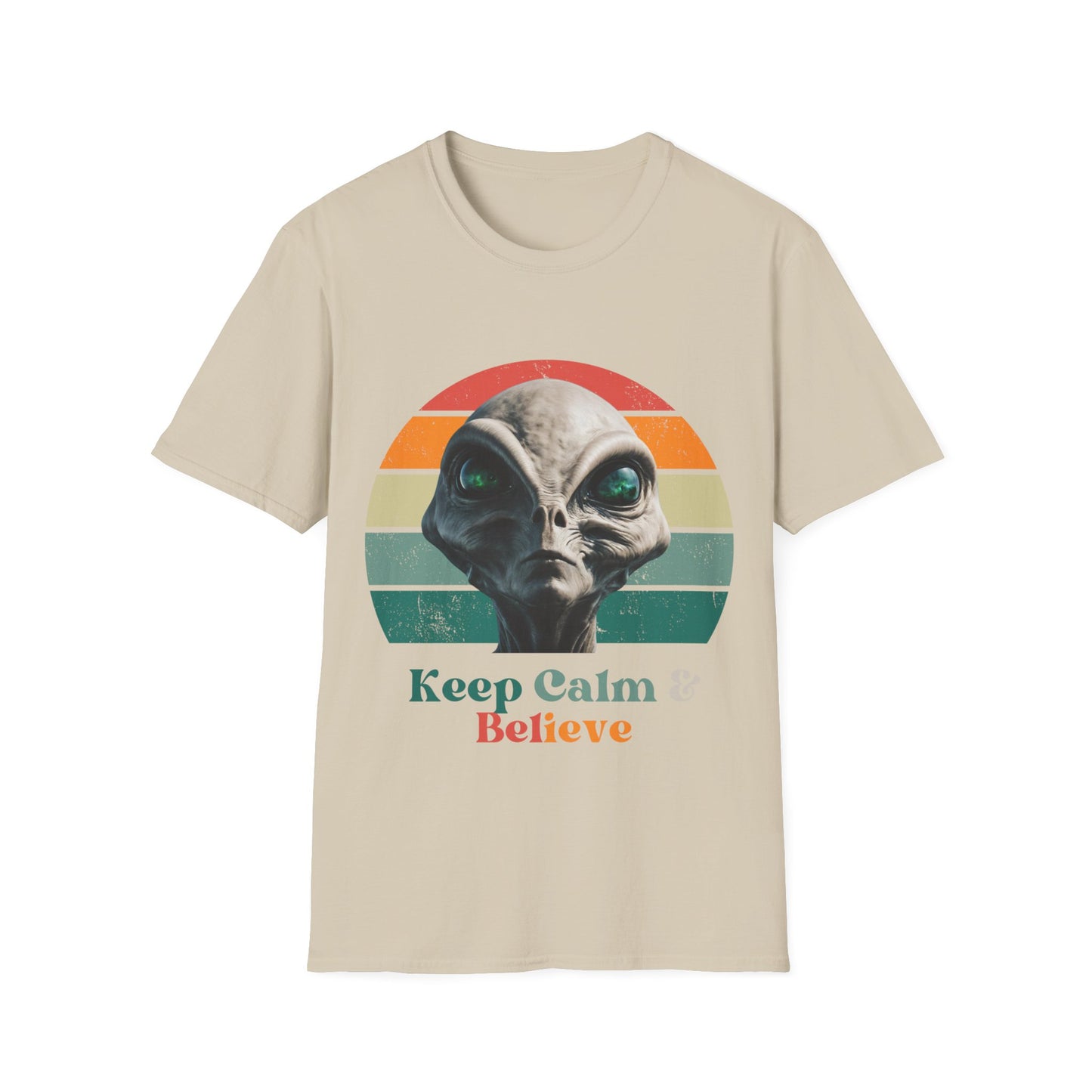 Retro Alien ET, Extraterrestrial Shirt, T-Shirt, "Keep Calm and Believe" Softstyle Unisex Tee Shirt - 60s 70s Vibe- Keep Calm Hippie Shirt