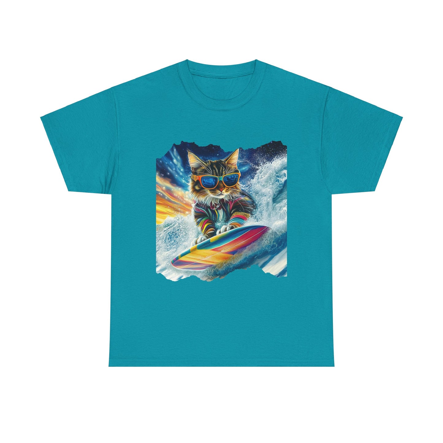 Surfer Surfing Cat, (Ver 2) Cat on Surfboard Graphic Tee- Water Sports Cat (V1) Cat Art Gift - Cool Cats Unisex Heavy Cotton Tee T-Shirt