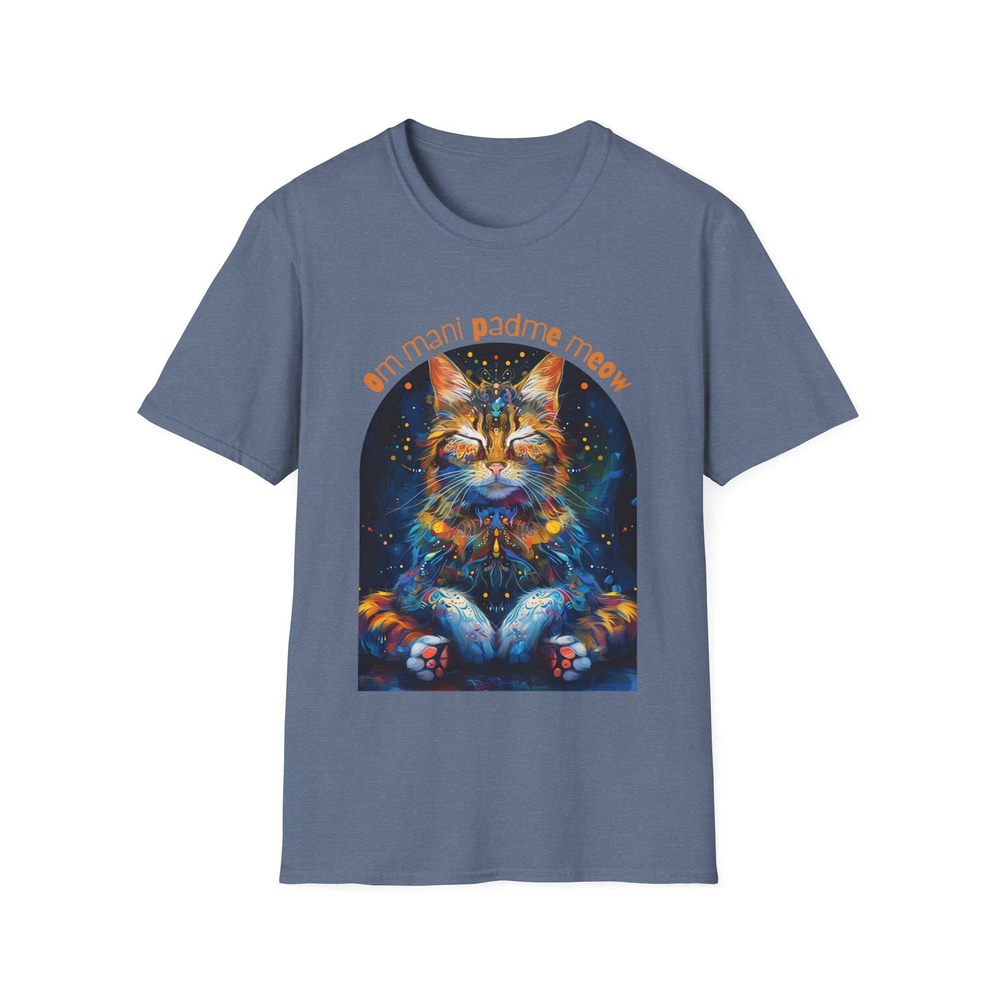 Om Mani Padme Meow (Ver 3) - Meditating Cat Shirt, Cat Lover's Graphic Tee Graphic Unisex T- Shirt, T-Shirt Cat Lovers Gift Softstyle T-Shirt Tee Teeshirt Stylized Cat