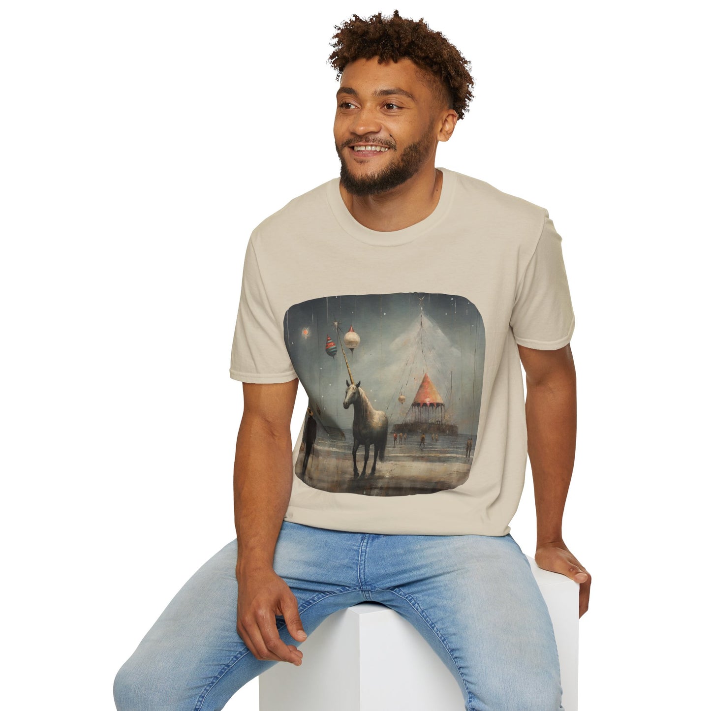Unicorn with Holiday Ornament, Unicorn Christmas Gift Unisex Tee Shirt, T-Shirt Softstyle T-Shirt