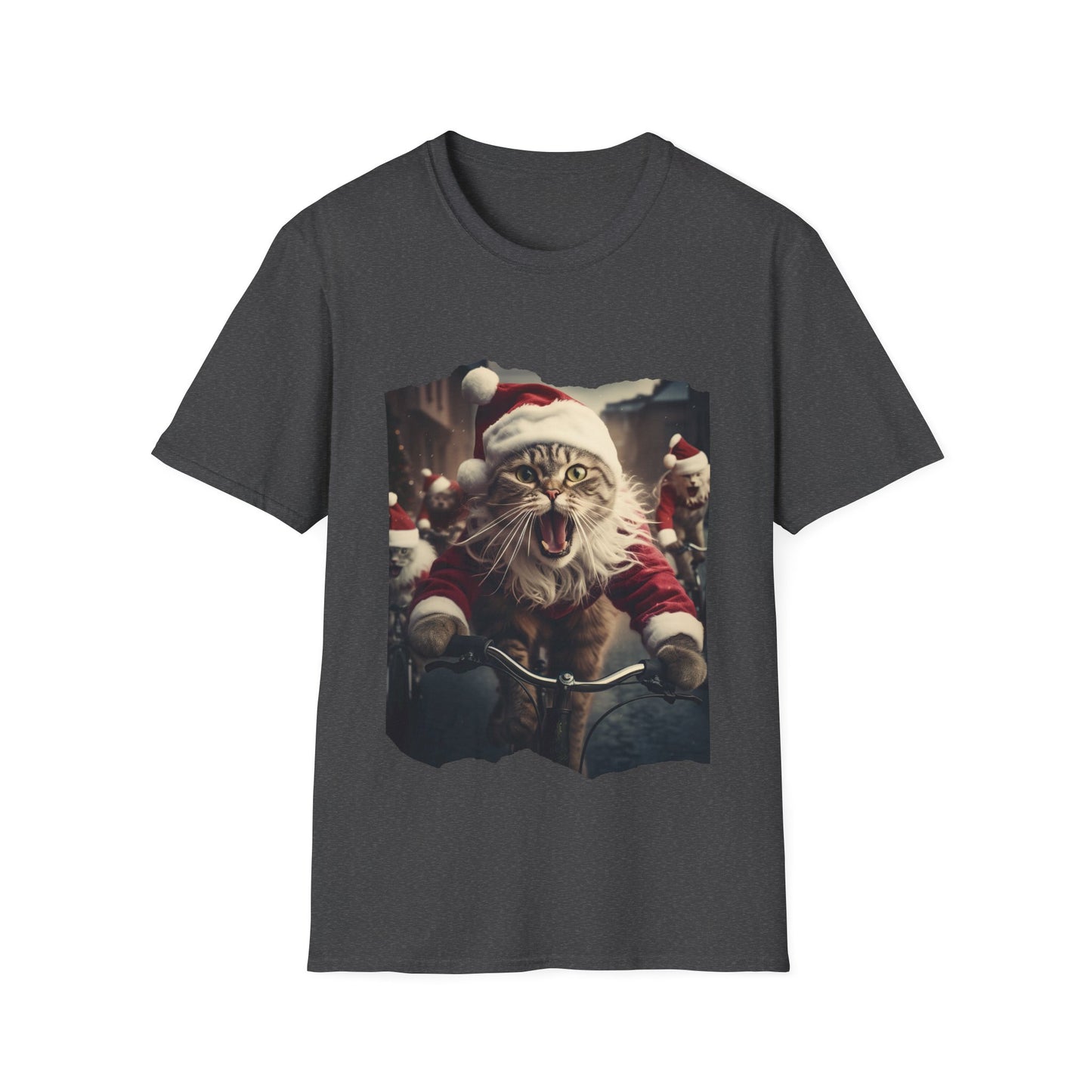 Screaming Cats on Bikes Holiday Christmas Cat Shirt, Cat Lover's Graphic Tee Graphic Unisex T- Shirt, T-Shirt Cat Lovers Gift Softstyle T-Shirt Tee Christmas JumperTeeshirt Stylized Cat