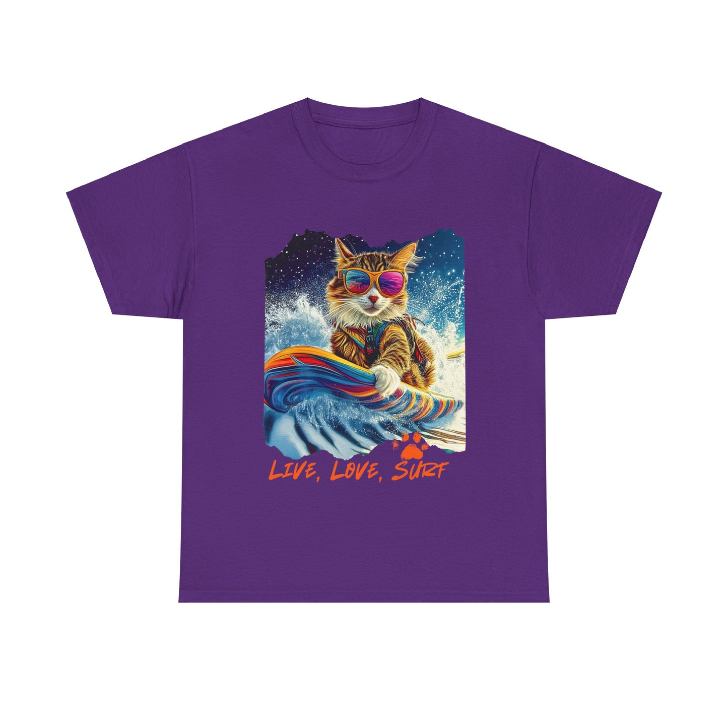 Live, Love Surf - Surfer Cat Graphic Tee, Cat on Surfboard reads "Live, Love Surf" Surf Life Cat ,Art Gift - Cool Cats Unisex Heavy Cotton Tee T-Shirt