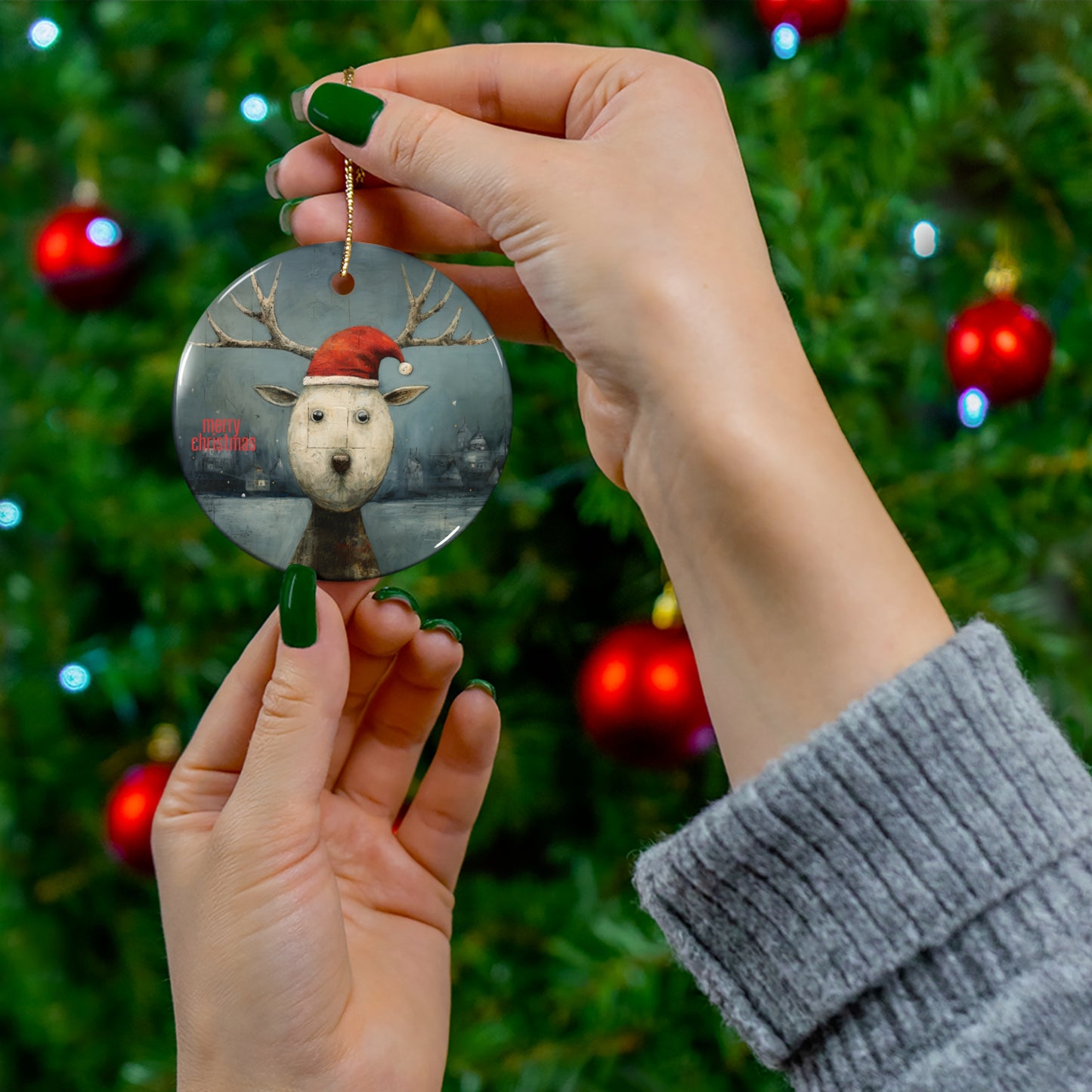 Baby Reindeer, Reindeer in Santa Hat Art Ornament, Cute Baby Deer Christmas Gift, Ceramic Ornament for Christmas Tree