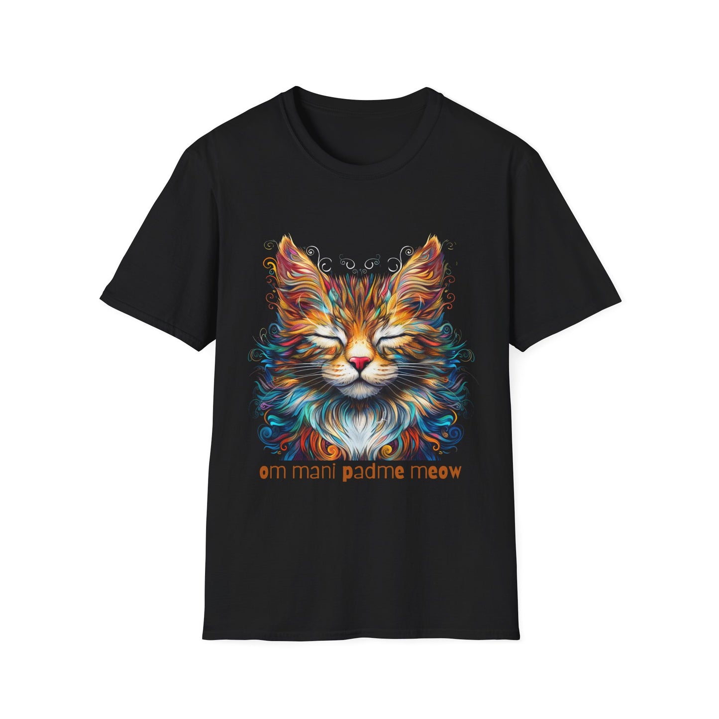 Om Mani Padme Meow - Meditating Cat Shirt, Cat Lover's Graphic Tee Graphic Unisex T- Shirt, T-Shirt Cat Lovers Gift Softstyle T-Shirt Tee Teeshirt Stylized Cat