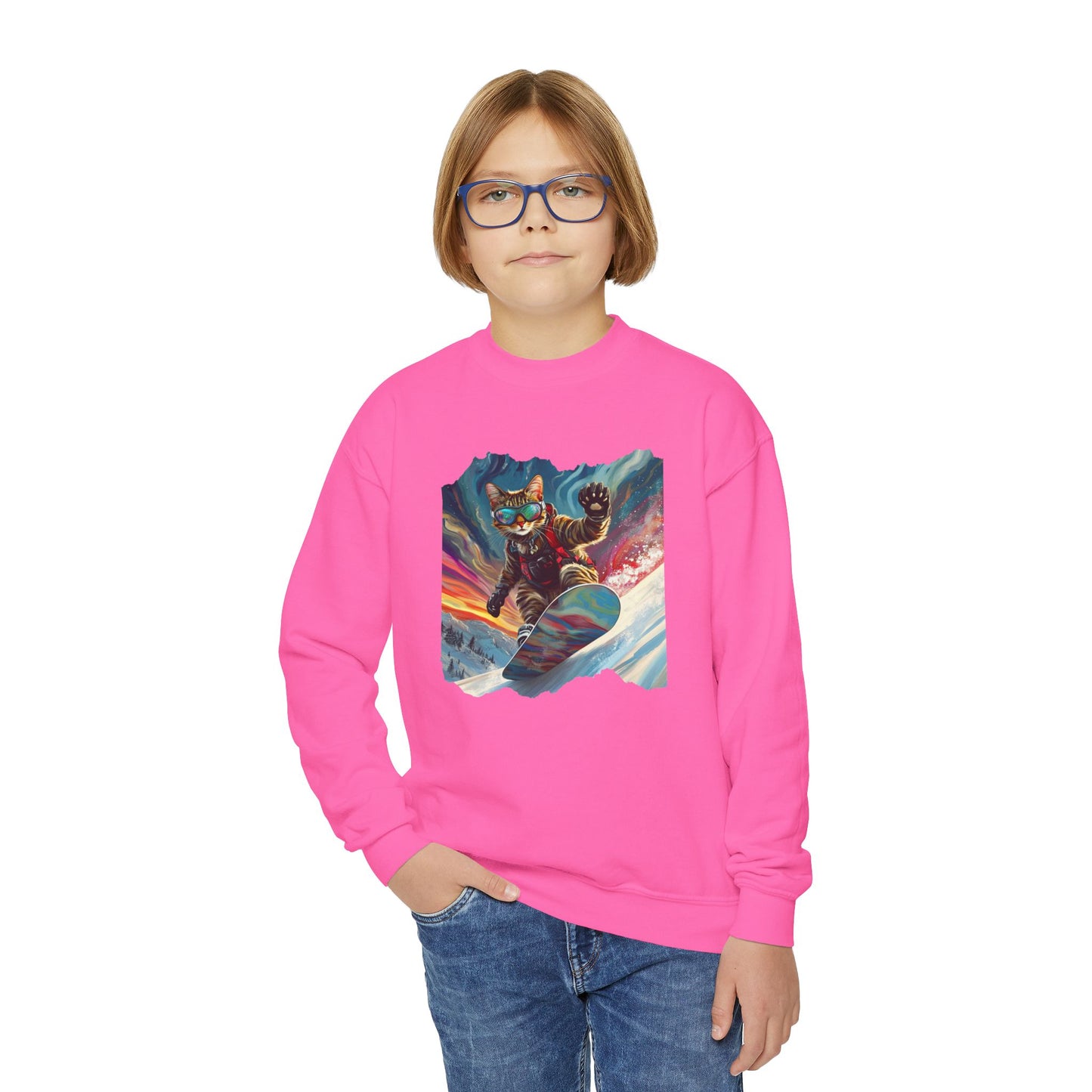 Shredding Snowboard Cat for Kids Sweatshirt - Colorful Snowboard Kitty, Kids Youth Crewneck Sweatshirt