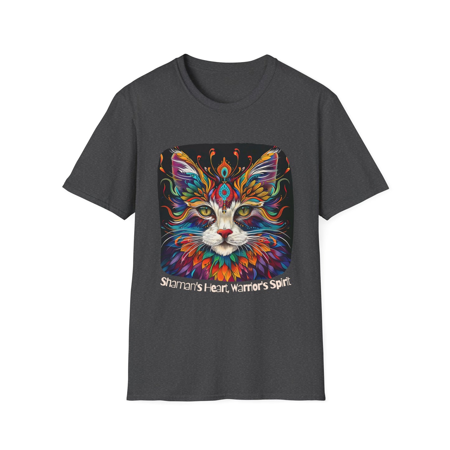 Shaman's Heart, Warrior's Spirit Graphic Cat Tee, Cat Lover's Graphic Tee Graphic Unisex T- Shirt, T-Shirt Cat Lovers Gift Softstyle T-Shirt Tee Teeshirt Stylized Cat