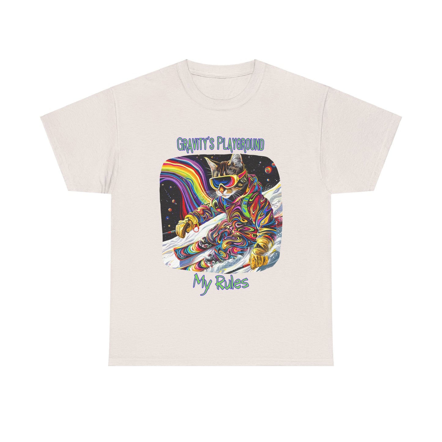 Gravity's Playground, My Rules - Ski, Snow, Snowboard Winter Sports Cat - Cat Graphic Tee Art Gift - Cool Cats Unisex Heavy Cotton Tee T-Shirt