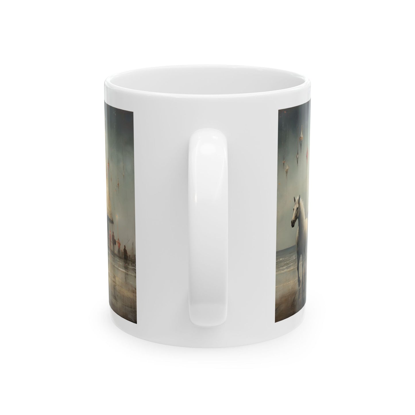 White Christmas Whimsical Horse, Horse on a Pier, Christmas Gift Mug, White Horse Lover Cat Enthusiast Printed Ceramic Mug 11oz