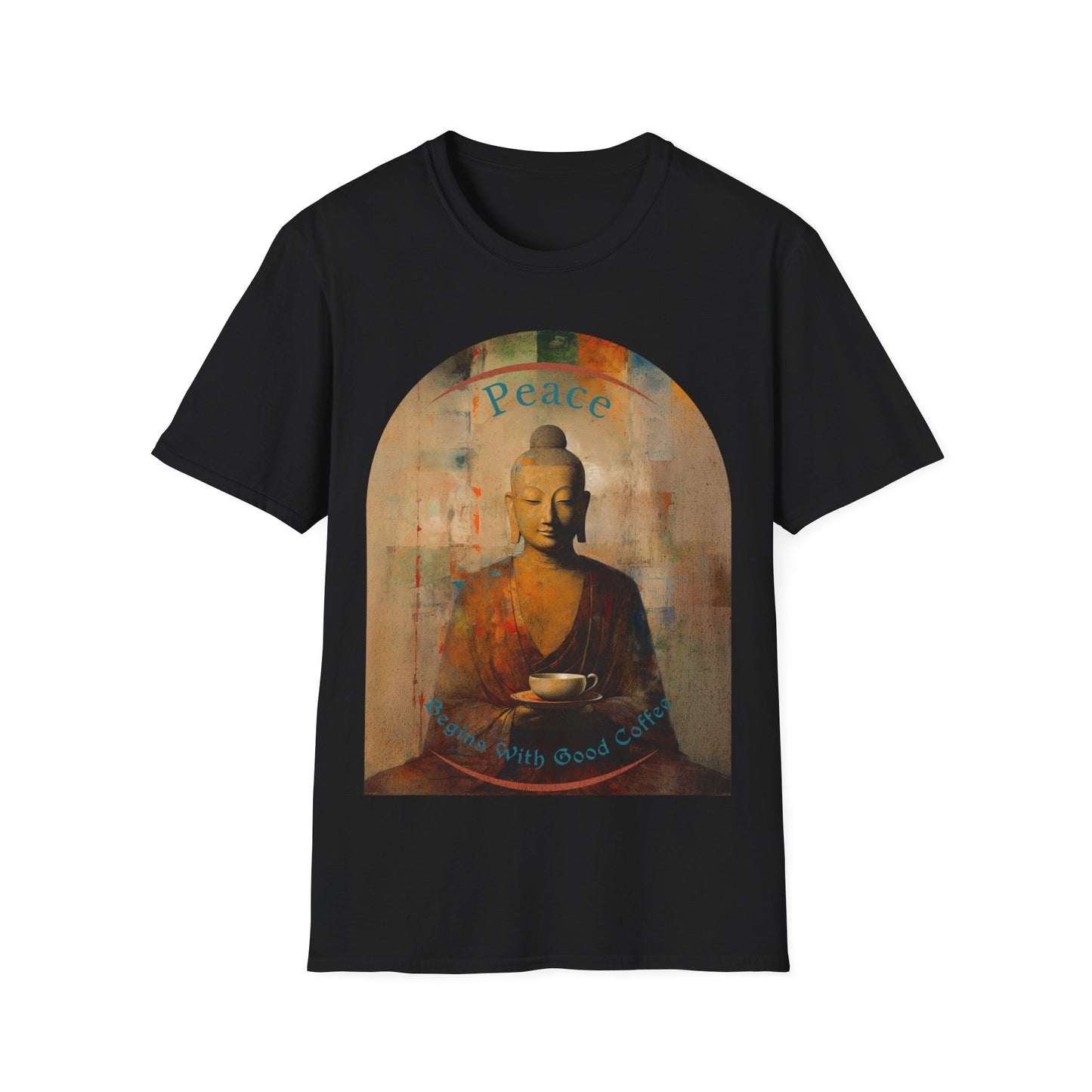 Coffee Lover Peace Gift, Peace Begins with Good Coffee Buda Buddha Budda Unisex Jersey Short Sleeve Tee Shirt, Softstyle T-Shirt Men Woman
