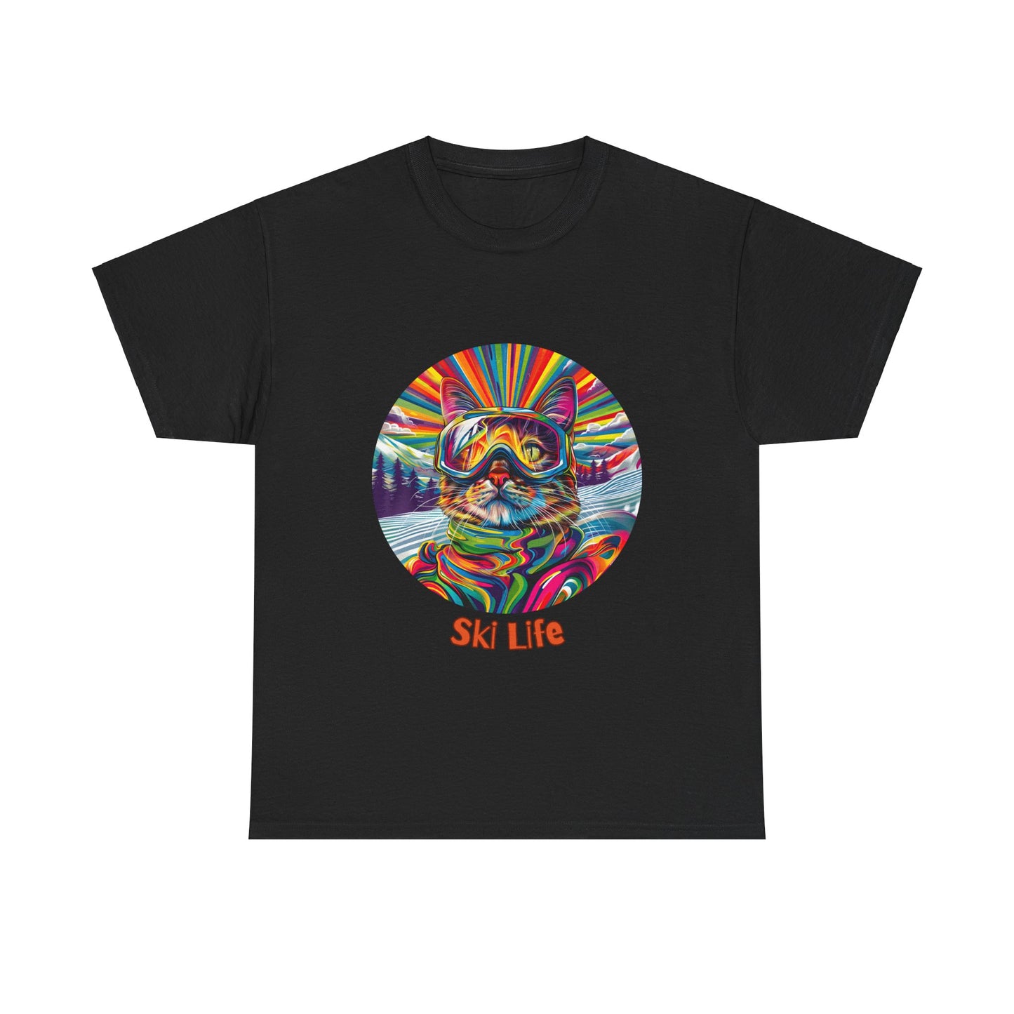 Ski Cat - "Ski Life" Snow, Snowboard Winter Sports Cat (V6) Cat Art Gift - Cool Cats Unisex Heavy Cotton Tee T-Shirt