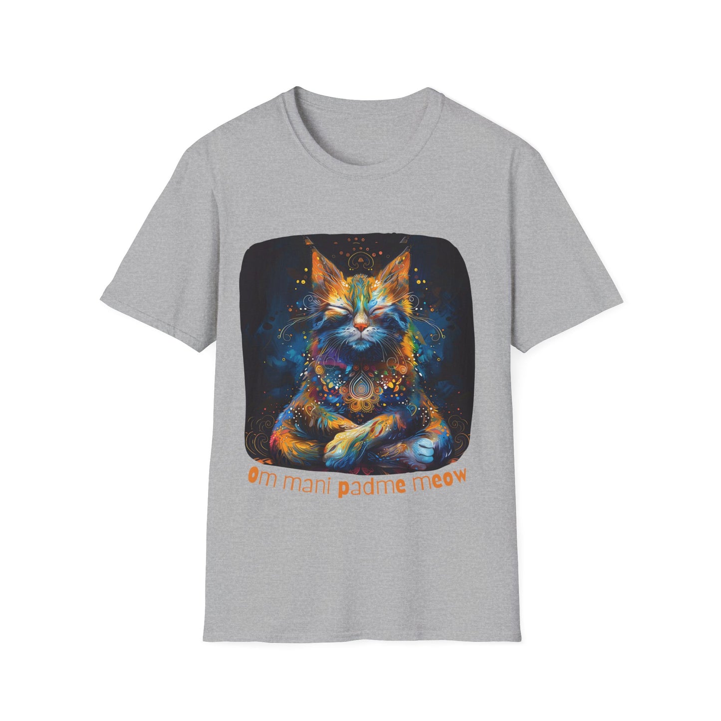 Mani Padme Meow (Version 2) - Meditating Cat Shirt, Cat Lover's Graphic Tee Graphic Unisex T- Shirt, T-Shirt Cat Lovers Gift Softstyle T-Shirt Tee Teeshirt Stylized Cat