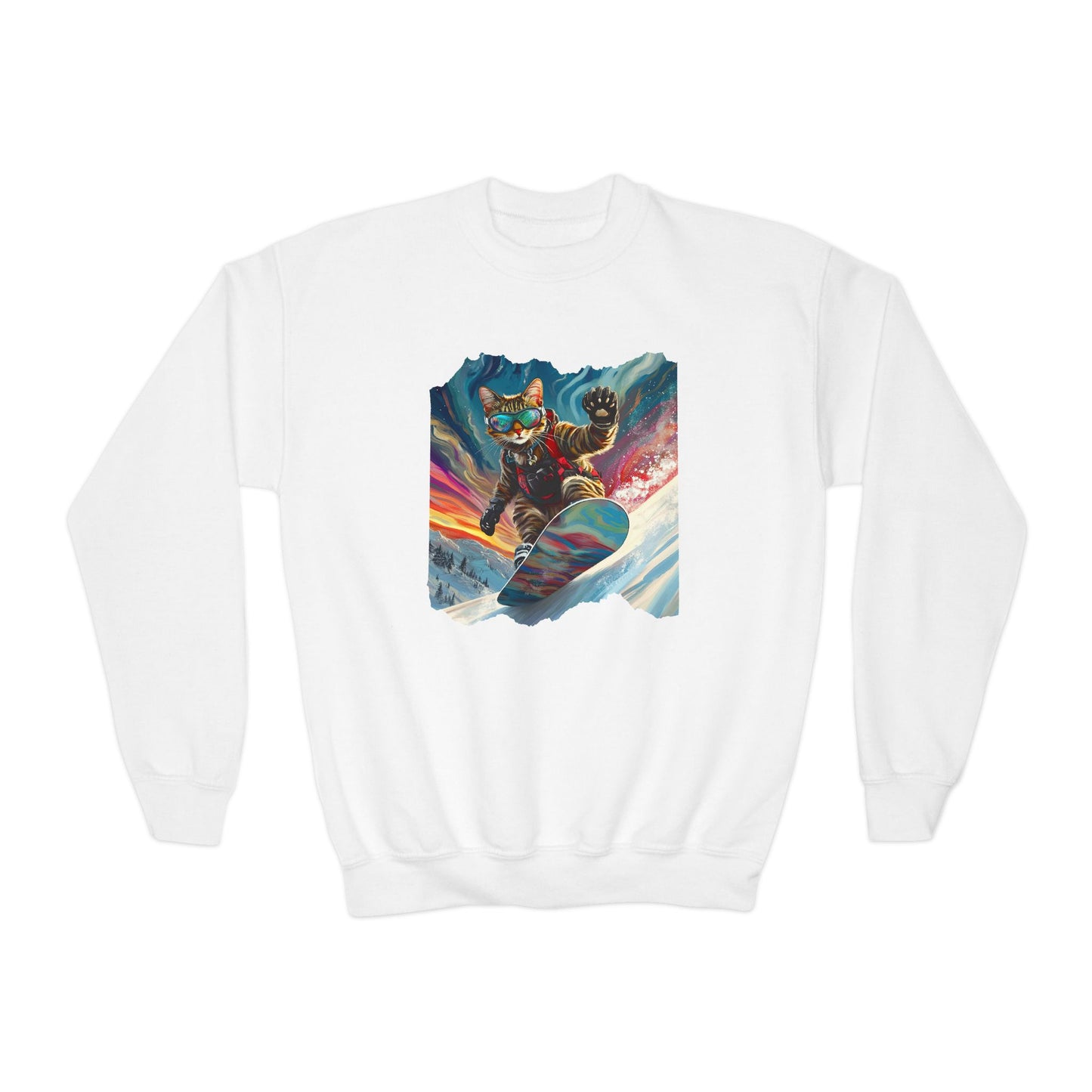 Shredding Snowboard Cat for Kids Sweatshirt - Colorful Snowboard Kitty, Kids Youth Crewneck Sweatshirt