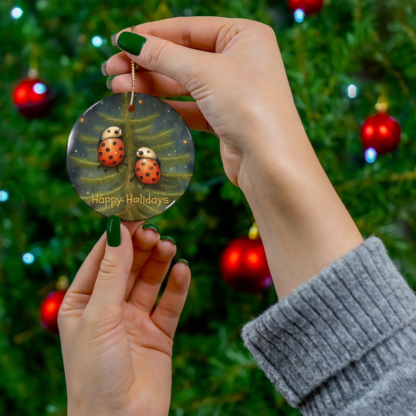 Adorable Lady Bug Christmas Tree Ornament, Reads "Happy Holidays" Lady Bugs Gift Ceramic Lady Bug Ornament Brings Good Luck Charm