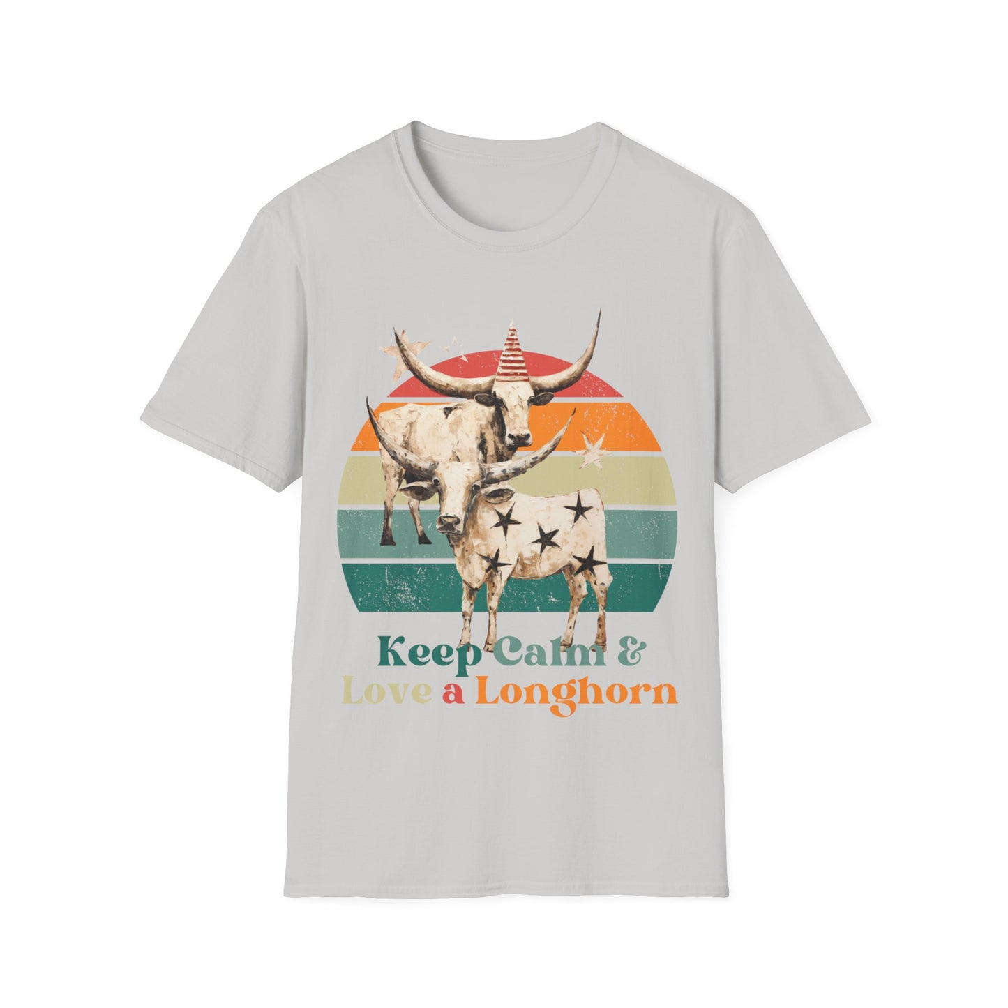 Retro Longhorn Texas Style "Keel Calm & Love a Longhorn" Cattle, Rodeo, Texas Star, Graphic T-Shirt, Texas Softstyle Unisex Tee Shirt - 60s 70s Vibe- Keep Calm Shirt