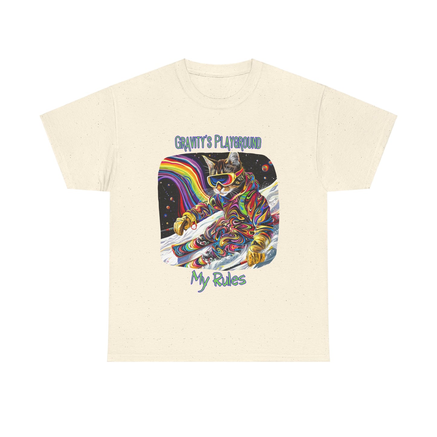 Gravity's Playground, My Rules - Ski, Snow, Snowboard Winter Sports Cat - Cat Graphic Tee Art Gift - Cool Cats Unisex Heavy Cotton Tee T-Shirt