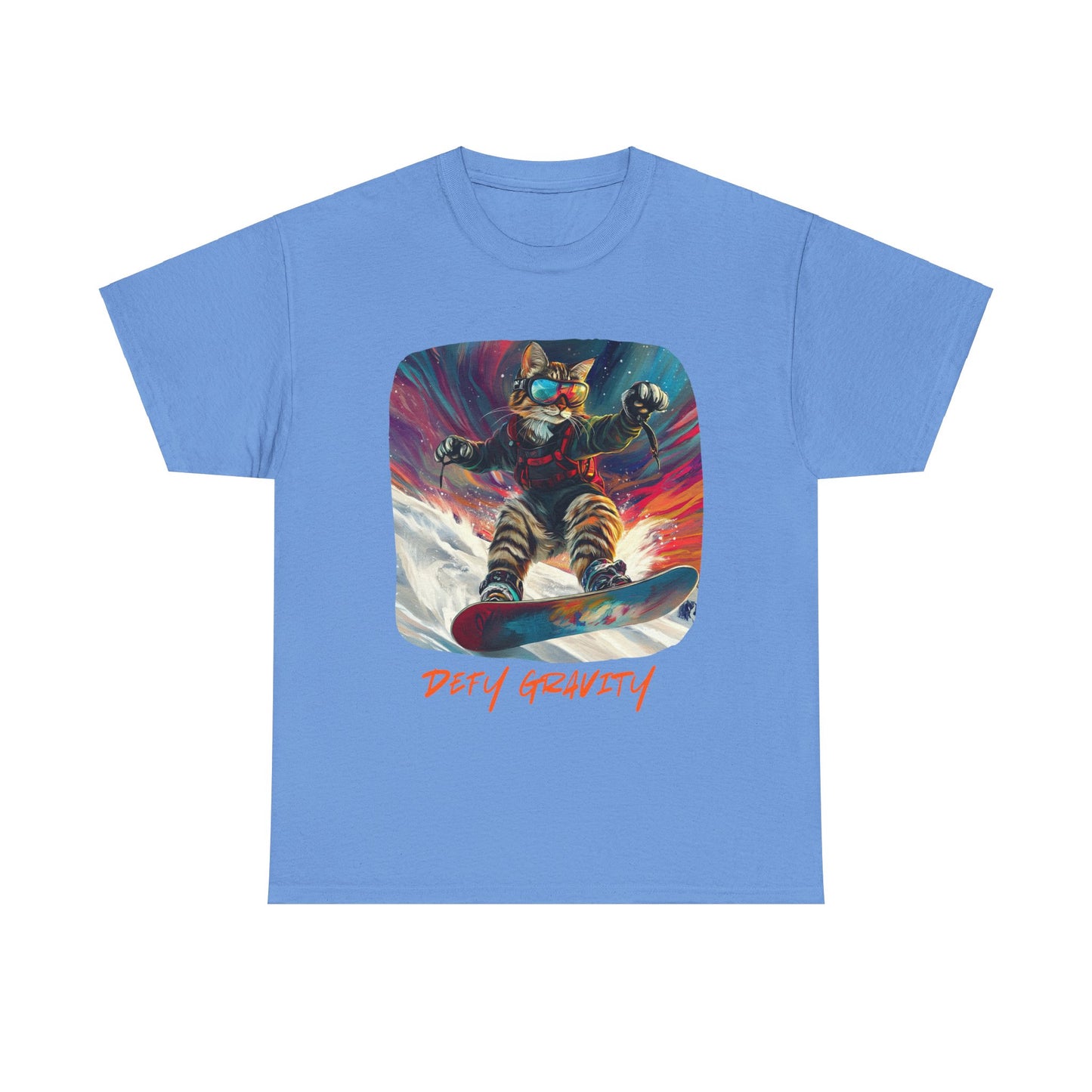 Defy Gravity Snowboard Cat Graphic Tee - Extreme Winter Sports Ski Cat Art Gift - Cool Cats Unisex Heavy Cotton Tee T-Shirt