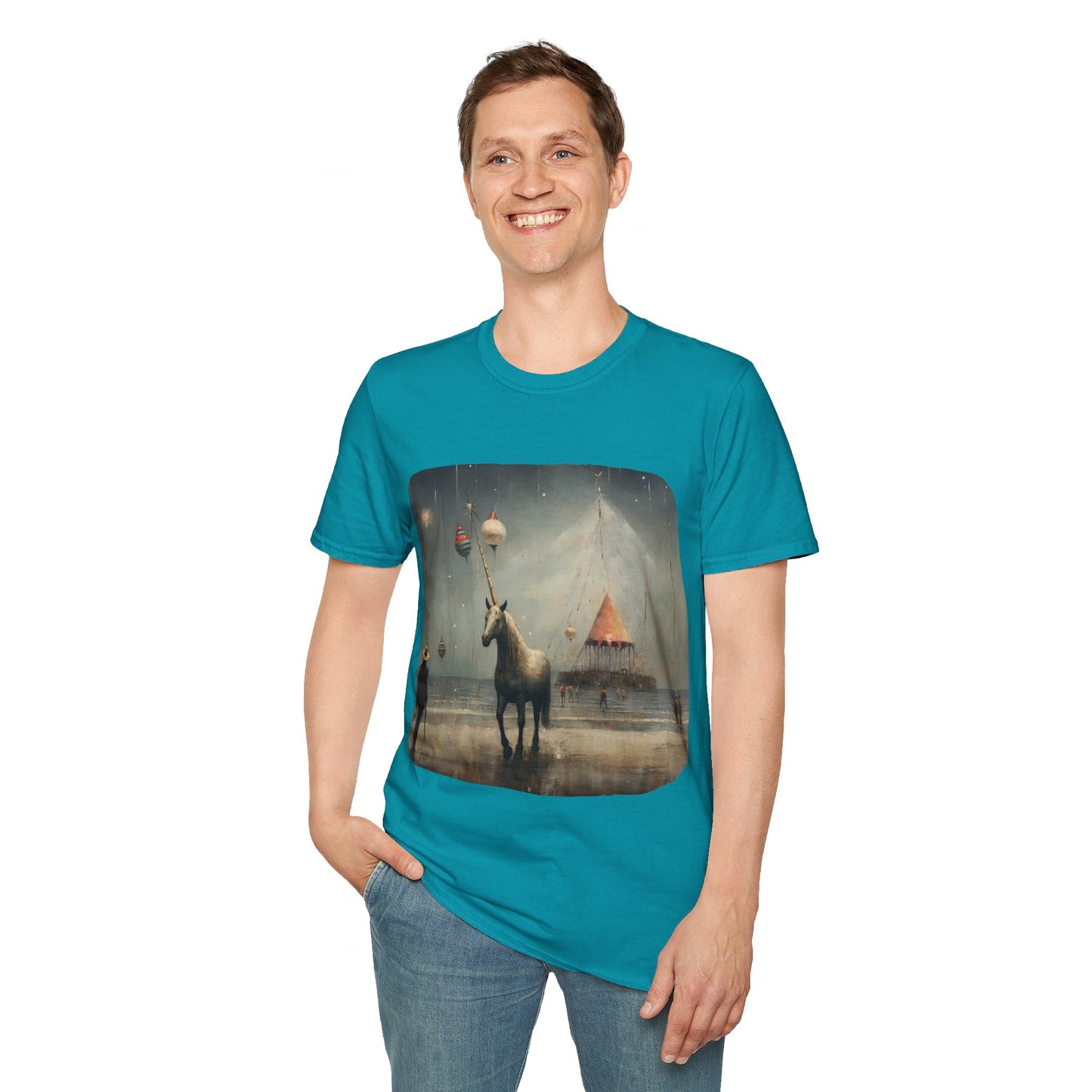 Unicorn with Holiday Ornament, Unicorn Christmas Gift Unisex Tee Shirt, T-Shirt Softstyle T-Shirt