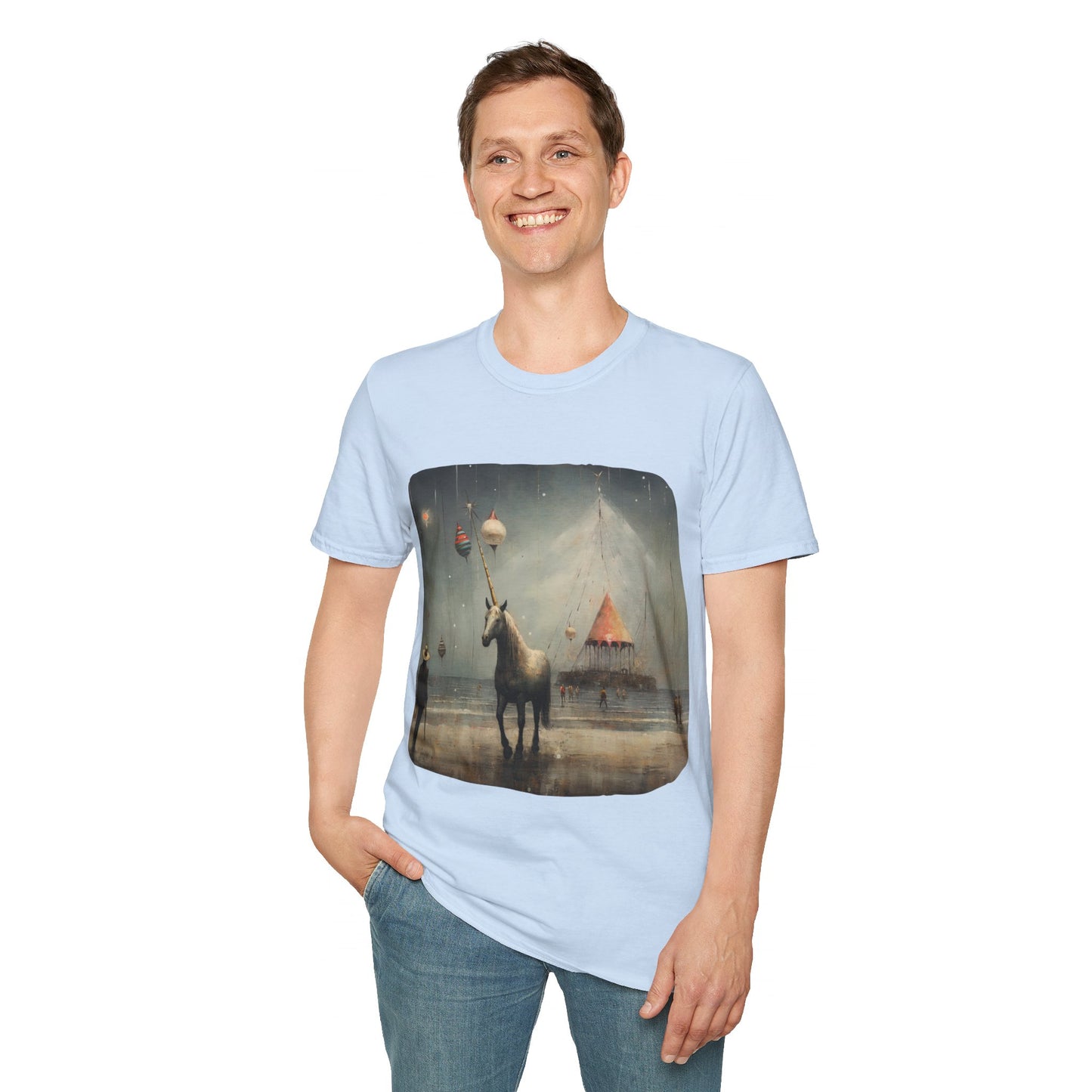 Unicorn with Holiday Ornament, Unicorn Christmas Gift Unisex Tee Shirt, T-Shirt Softstyle T-Shirt