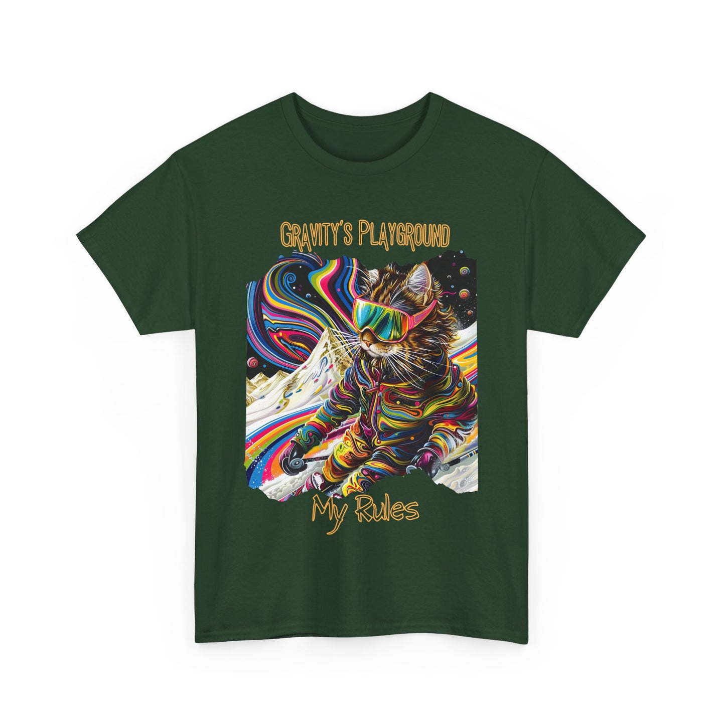 Gravity's Playground, MY Rules - Ski, Snow, Snowboard Winter Sports Cat (V2) Cat Art Gift -Cool Cats Graphic Tee Unisex Heavy Cotton Tee T-Shirt