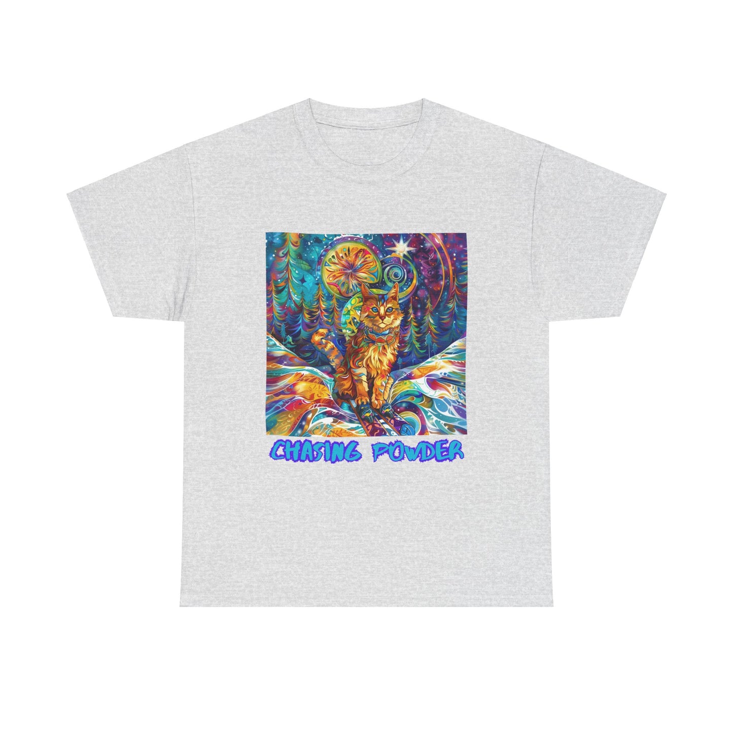 Chasing Powder - Snow, Snowboard Winter Sports Cat (V3) Cat Art Graphic Tee, Ski Gift - Cool Cats Unisex Heavy Cotton Tee T-Shirt