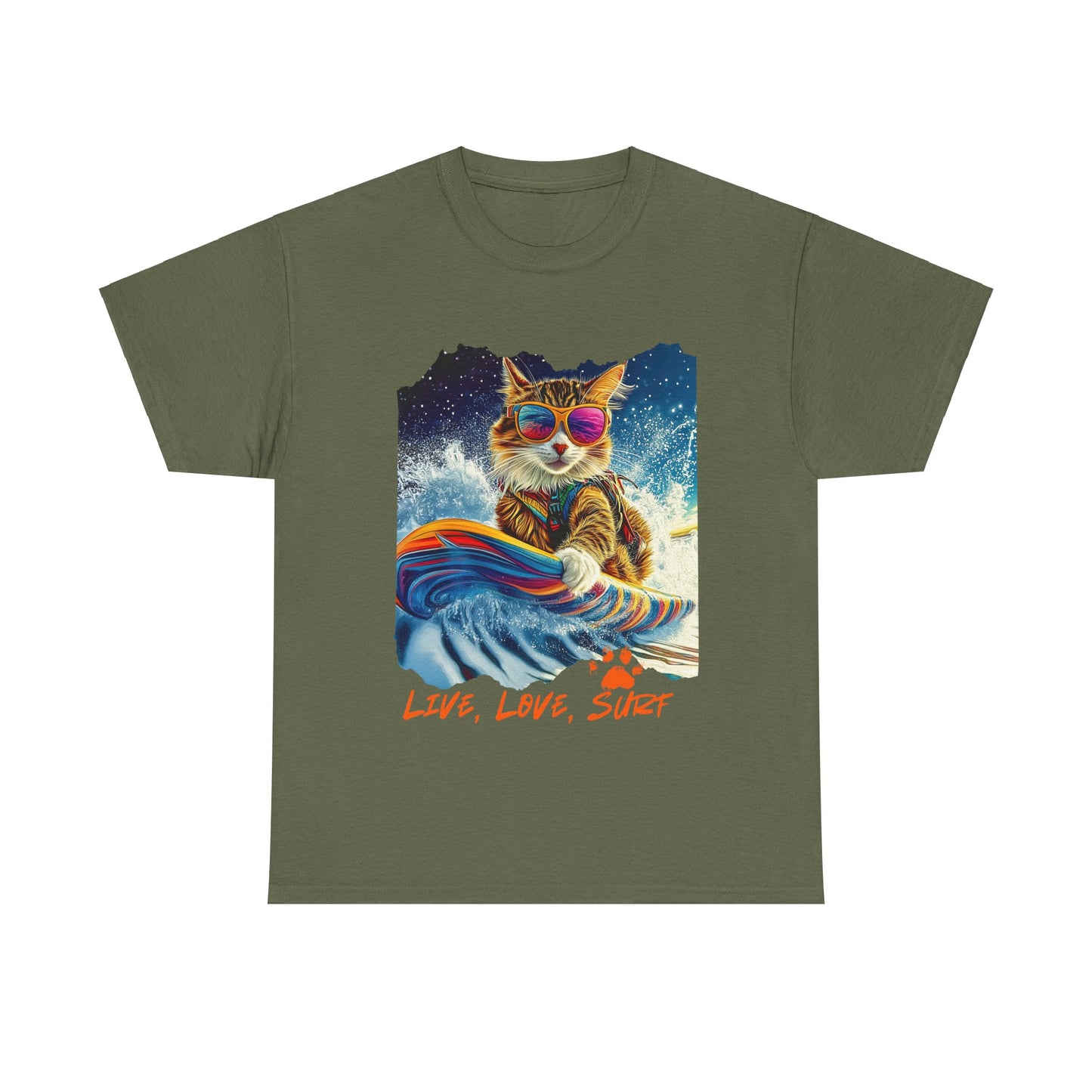 Live, Love Surf - Surfer Cat Graphic Tee, Cat on Surfboard reads "Live, Love Surf" Surf Life Cat ,Art Gift - Cool Cats Unisex Heavy Cotton Tee T-Shirt