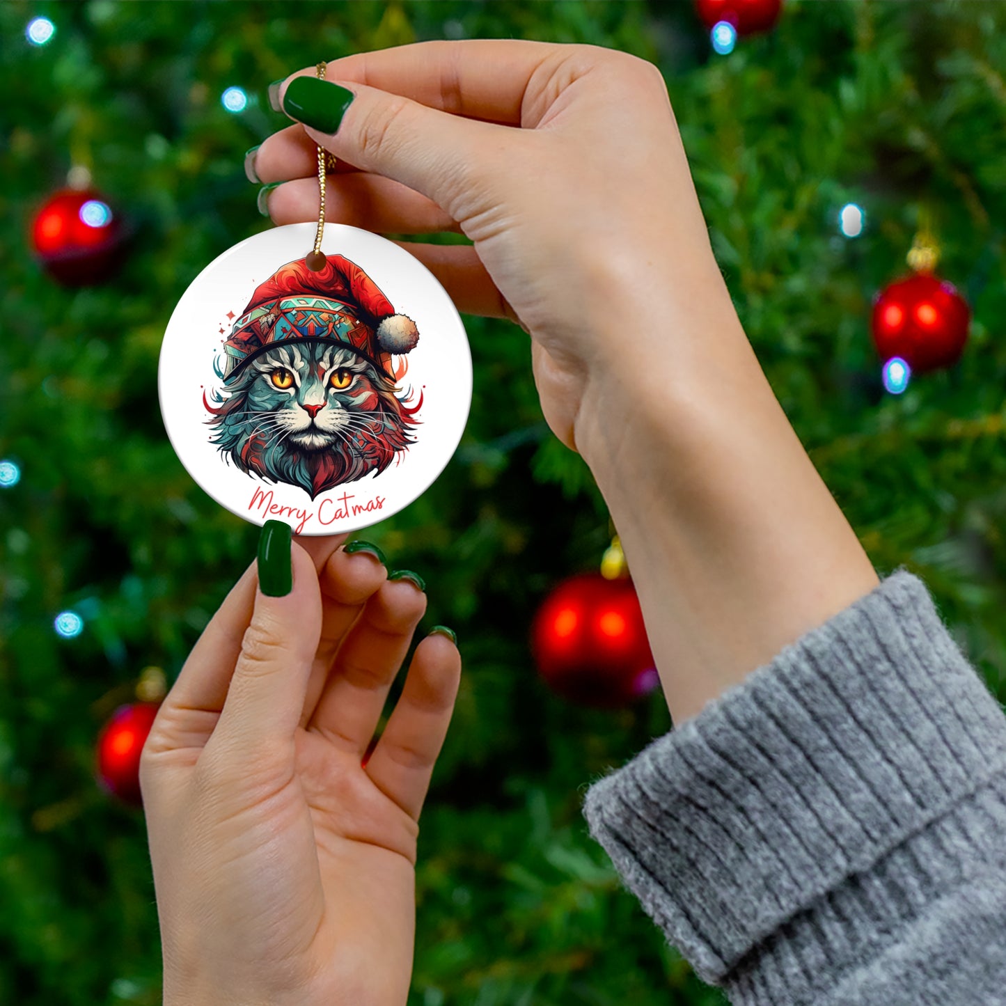 Merry Catmas Santa Cat, Cat in Santa Hat, Cat Lovers, Cat Mom, Cat Dad, Christmas Gift,Ornament, Ceramic Naughty Cat Lovers Gift