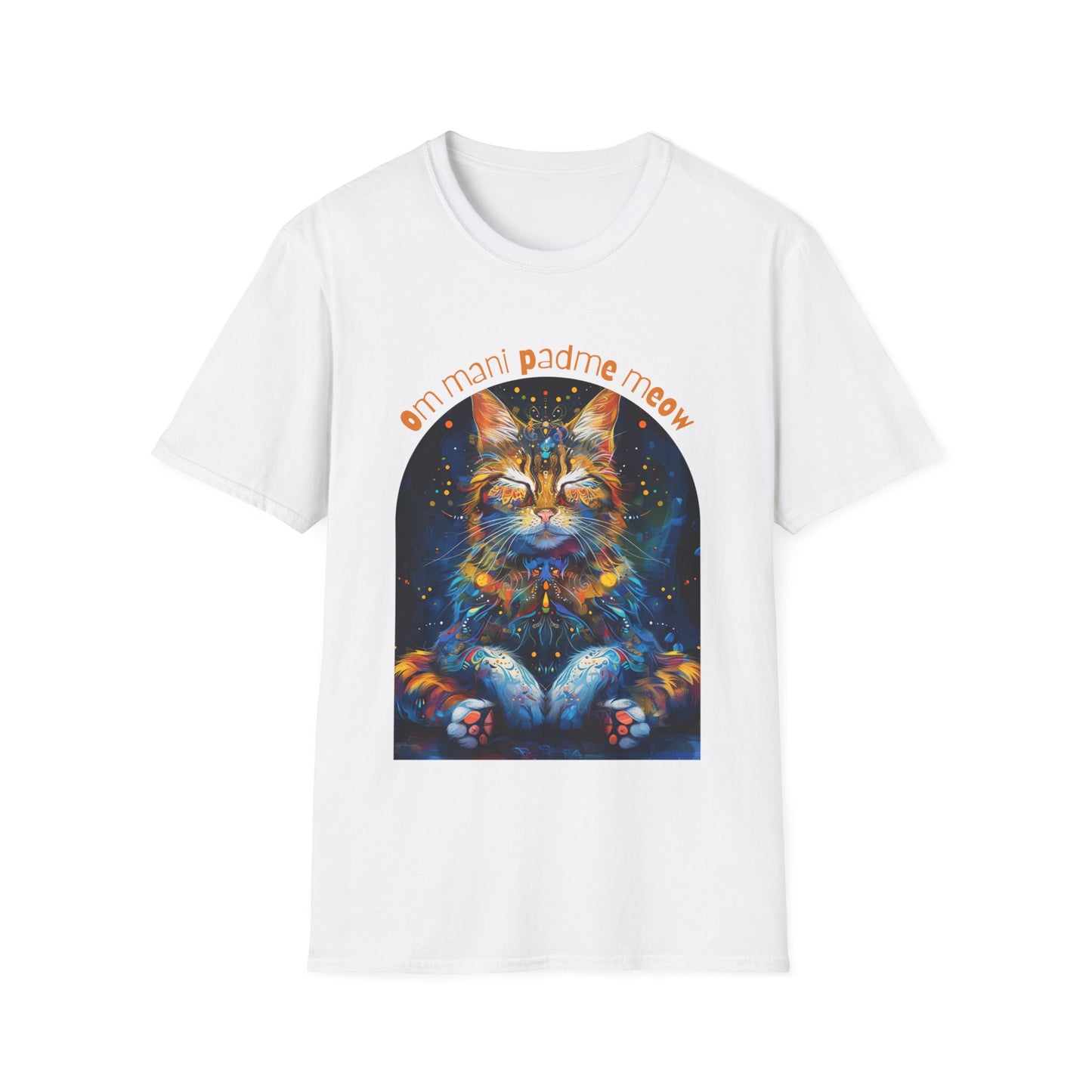 Om Mani Padme Meow (Ver 3) - Meditating Cat Shirt, Cat Lover's Graphic Tee Graphic Unisex T- Shirt, T-Shirt Cat Lovers Gift Softstyle T-Shirt Tee Teeshirt Stylized Cat
