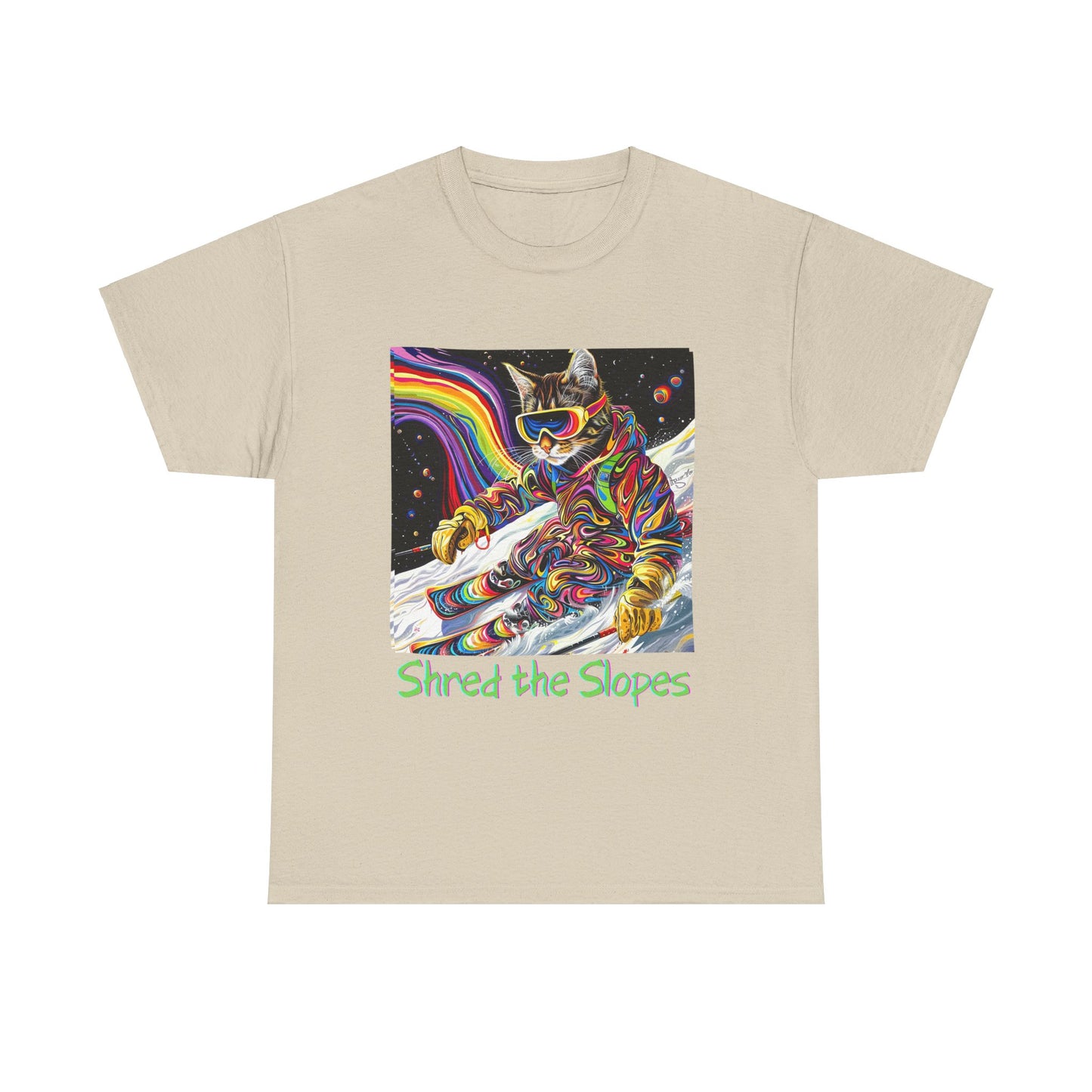 Shred the Slopes - Ski, Snow, Snowboard Winter Sports Cat Cat Art Graphic Tee, Ski Gift - Cool Cats Unisex Heavy Cotton Tee T-Shirt