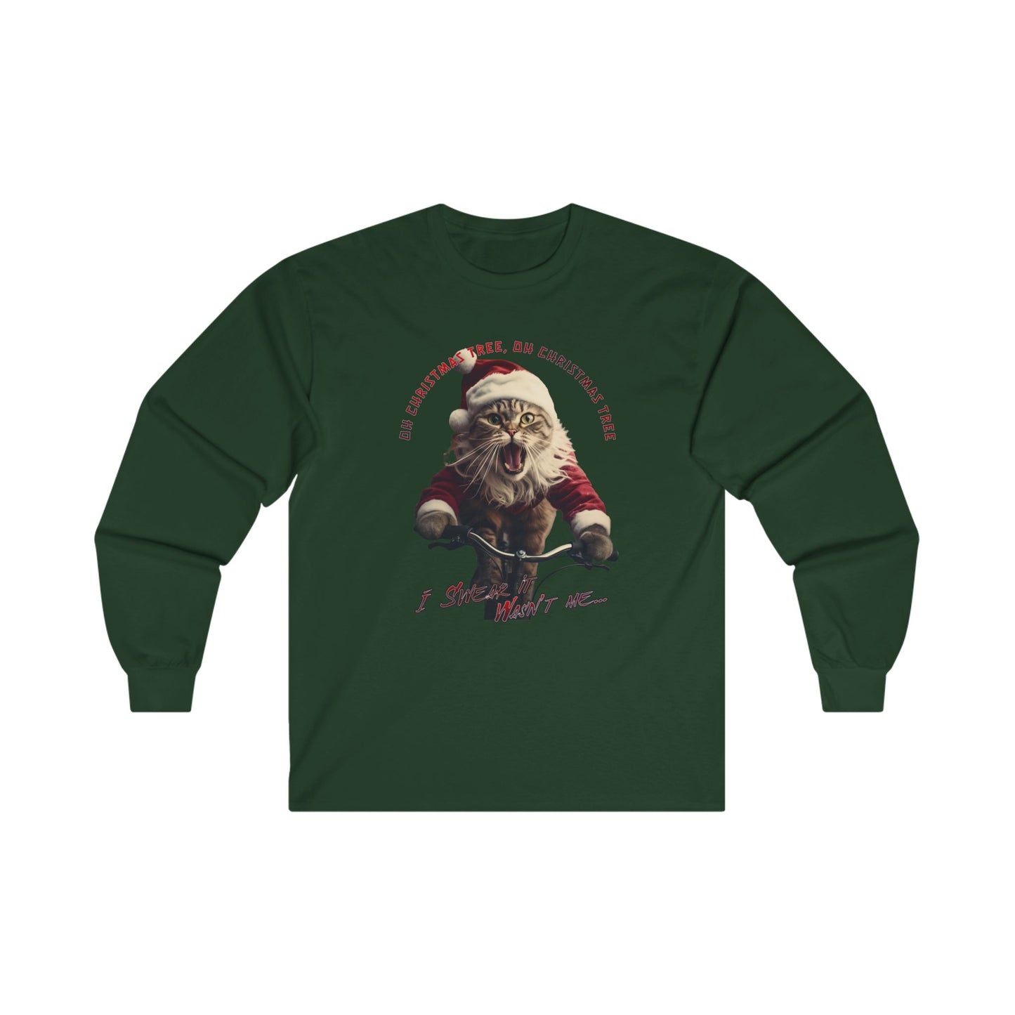 "Oh Christmas Tree Oh Christmas Tree" Christmas Cat, Cats on Bikes, Christmas Caroling Cats - Unisex Long Sleeve Jersey Cotton Shirt Mens Women's Cat Gift Oh Christmas Tree