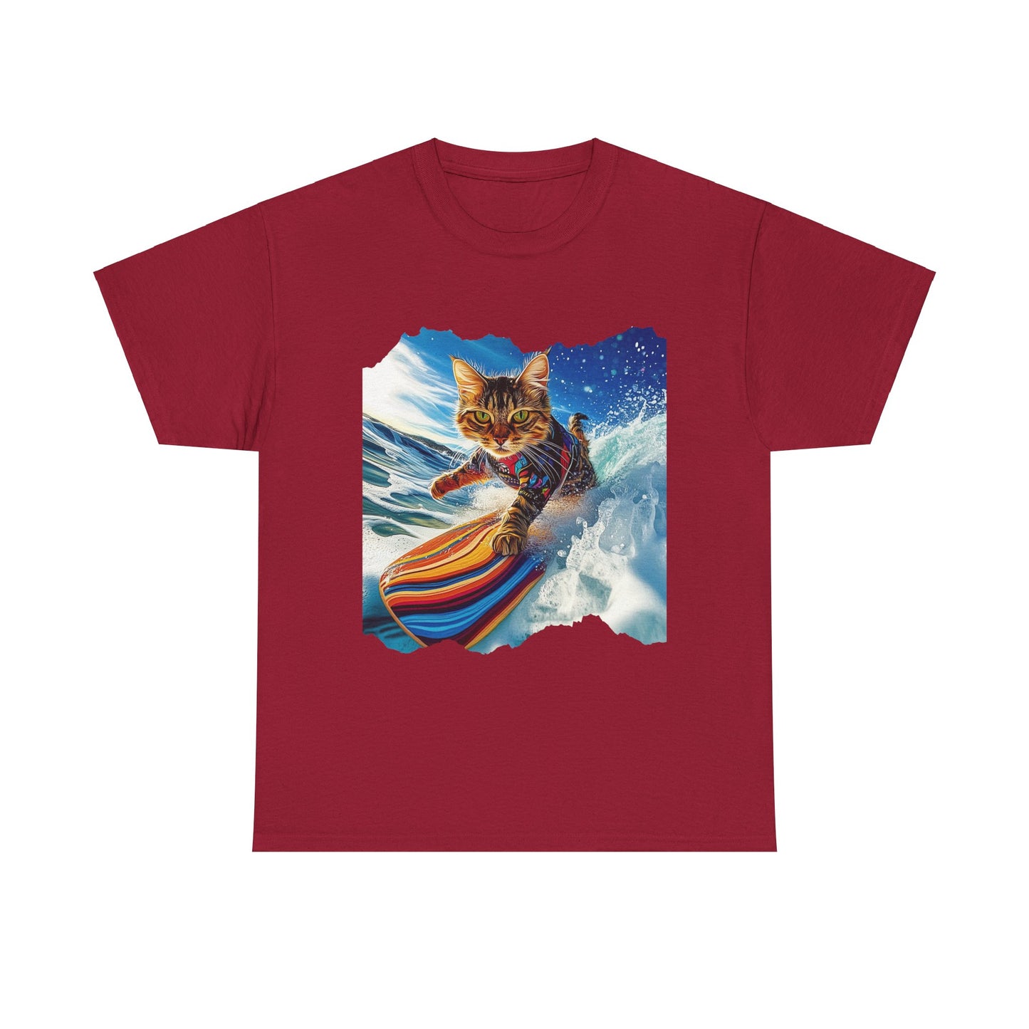 Surfer Surf Cat, Cat on Surfboard Graphic Tee- Water Sports Cat (V1) Cat Art Gift - Cool Cats Unisex Heavy Cotton Tee T-Shirt