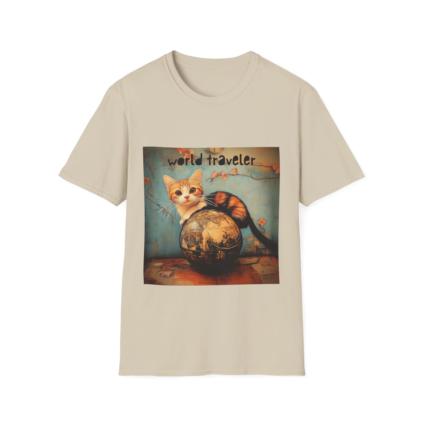World Traveler Cute Cat Shirt, Cat Lover's Gift Graphic Tee Shirt, Text Reads "World Traveler" Unisex Softstyle T-Shirt Tee Teeshirt Retro