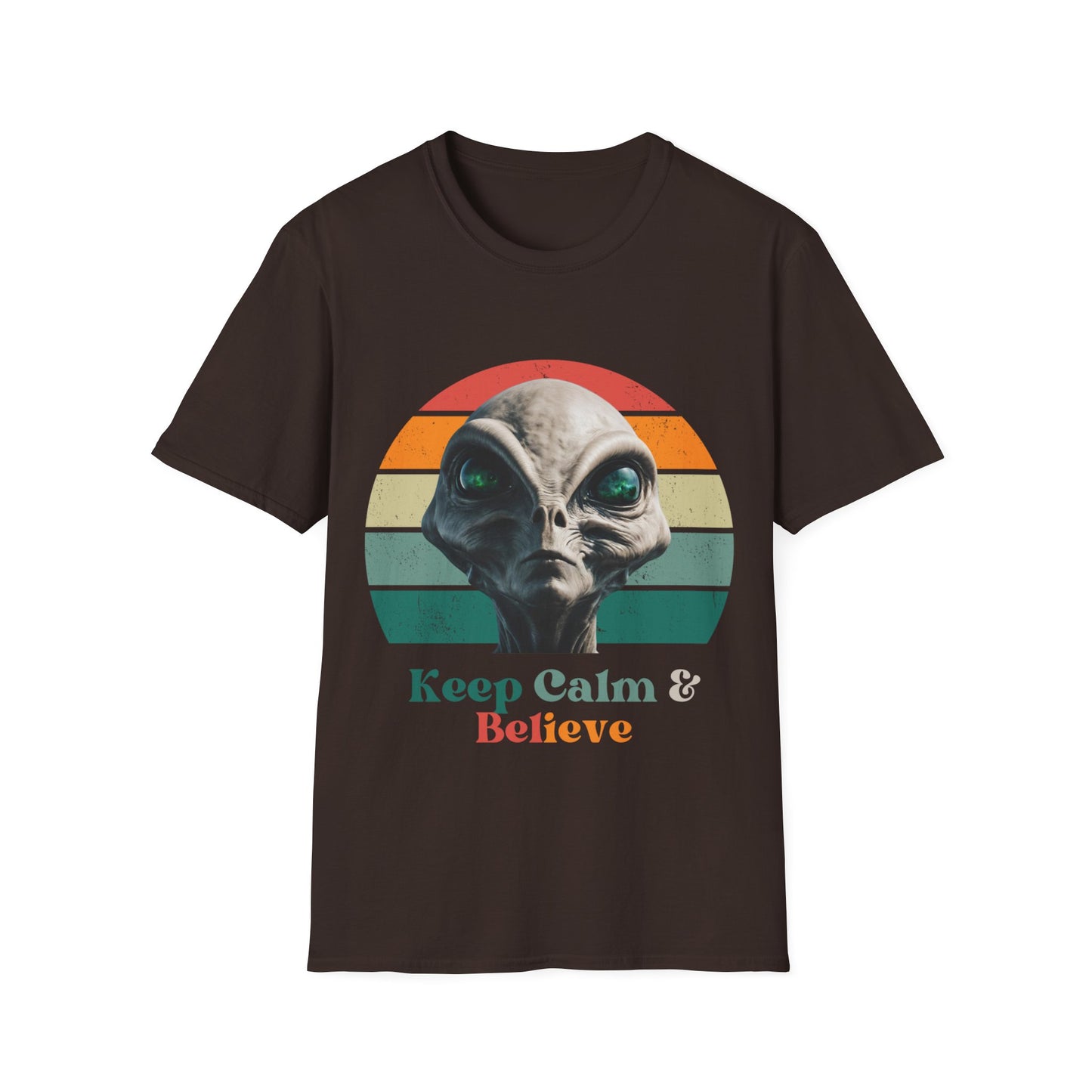 Retro Alien ET, Extraterrestrial Shirt, T-Shirt, "Keep Calm and Believe" Softstyle Unisex Tee Shirt - 60s 70s Vibe- Keep Calm Hippie Shirt