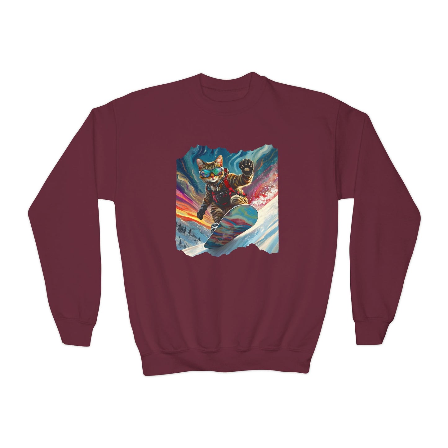Shredding Snowboard Cat for Kids Sweatshirt - Colorful Snowboard Kitty, Kids Youth Crewneck Sweatshirt